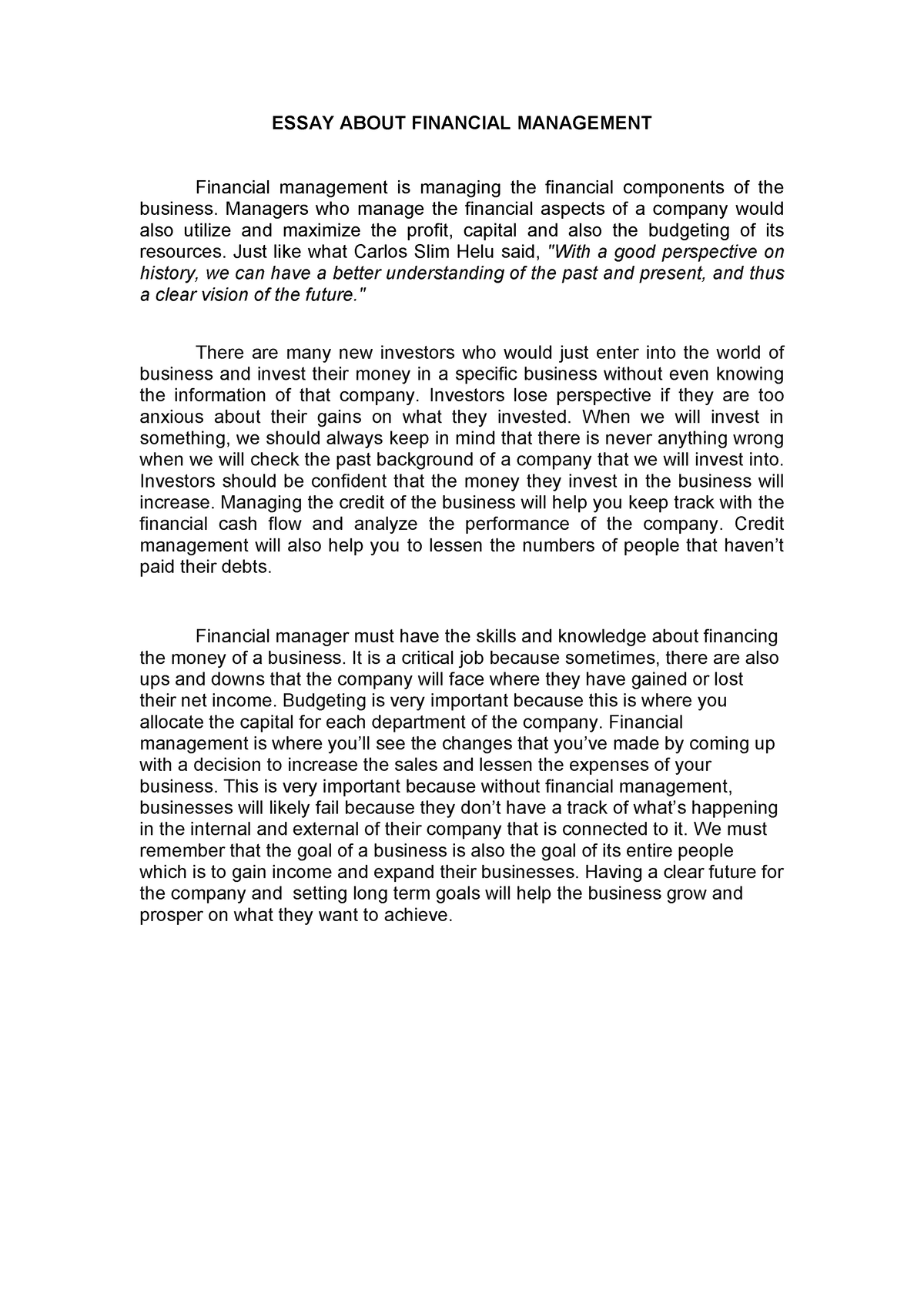 example of reflective essay financial management