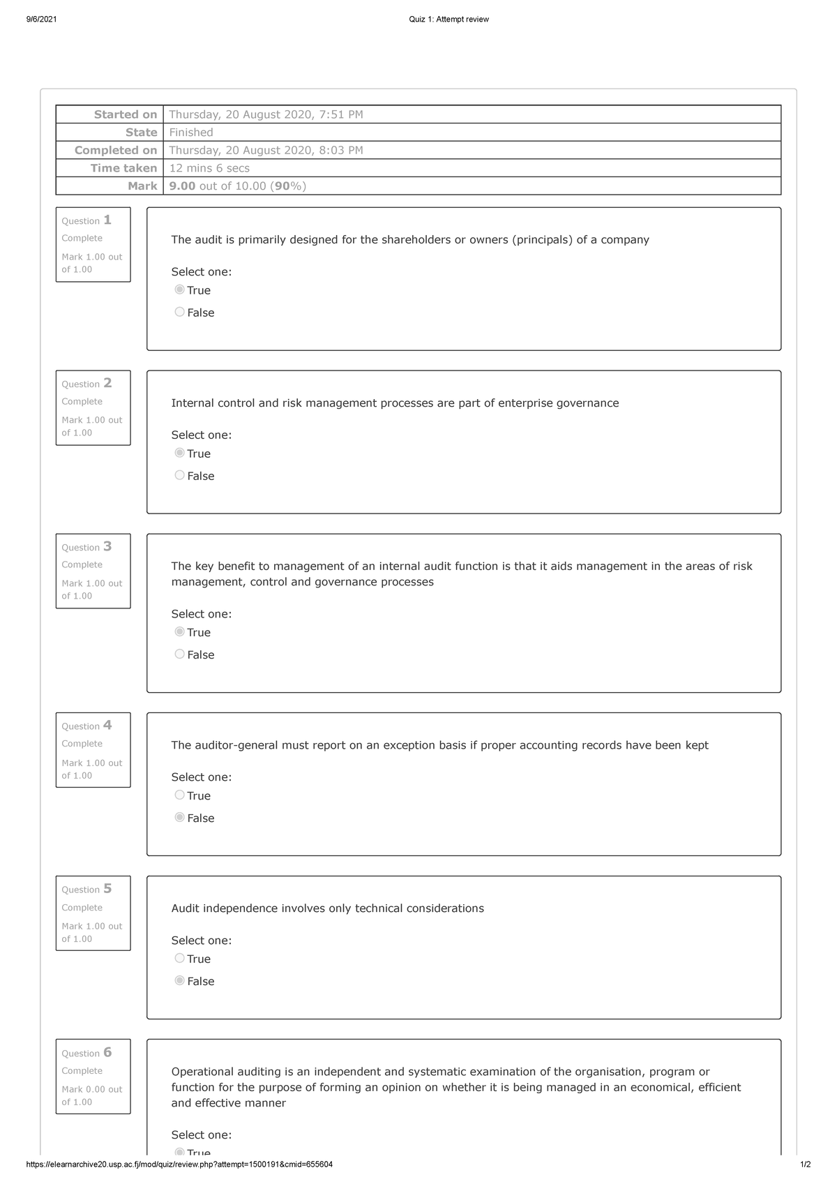 Quiz 1 Attempt review - quiz 1 af304 2021 auditing multiple choice ...