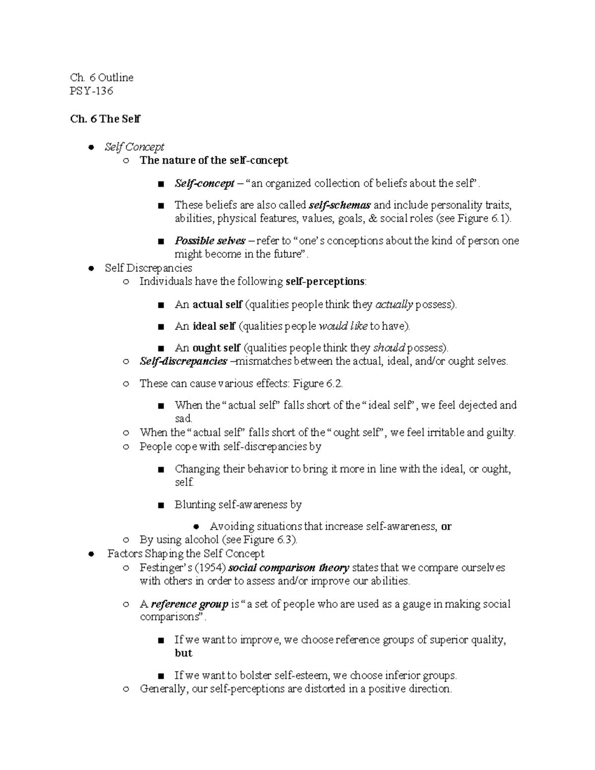 PSY Class Notes 6 - Test 2 Chapter 6: The Self - Ch. 6 Outline PSY- Ch ...