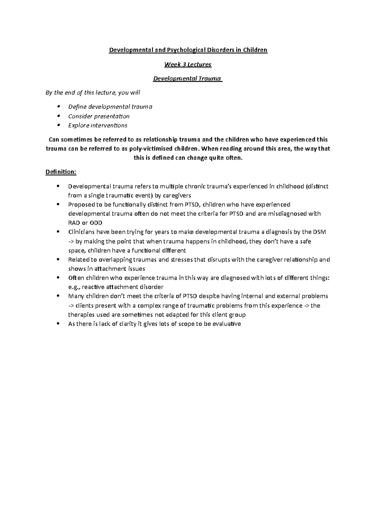 Developmental Trauma - Lecture notes 5 - Developmental and ...