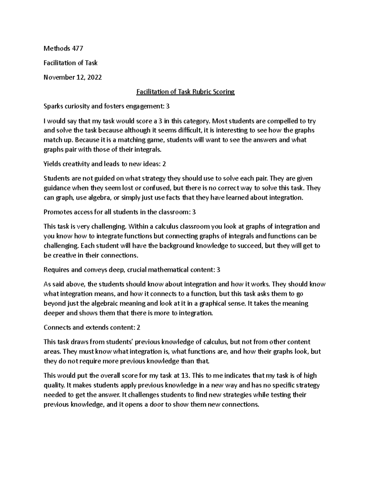 Rubric Scoring for Facilitation of Task - Methods 477 Facilitation of ...