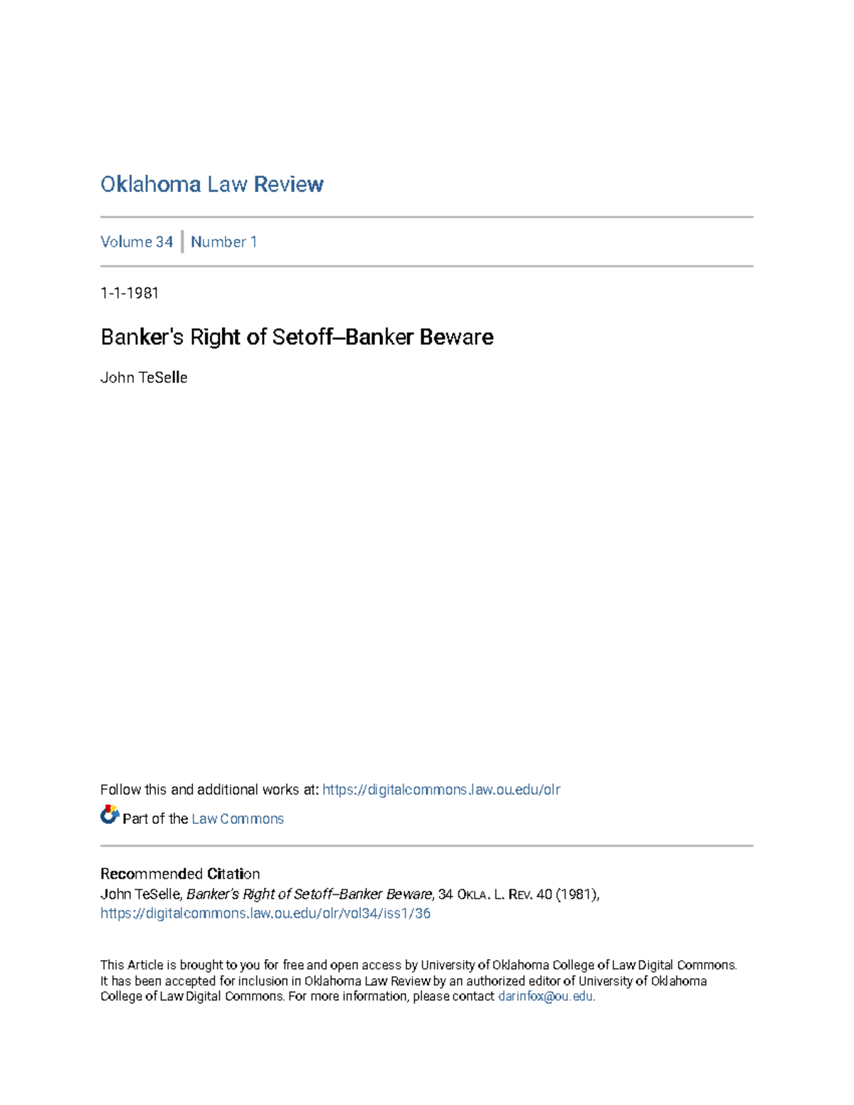 Bankers Right of Setoff Oklahoma Law Review Oklahoma Law Review