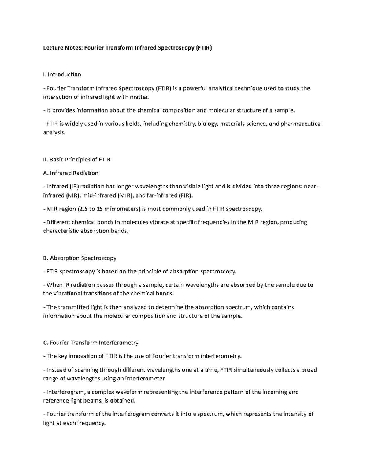 Lecture Notes Fourier Transform Infrared Spectroscopy (FTIR