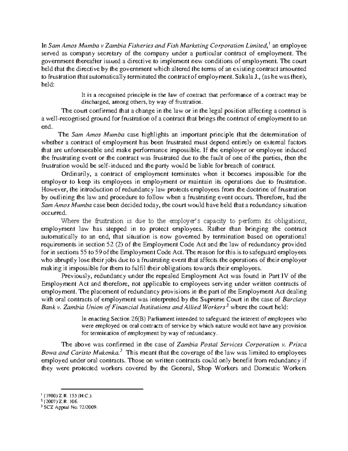 Redundancy and Operational Requirements - In Sam Amos Mumba v Zambia ...