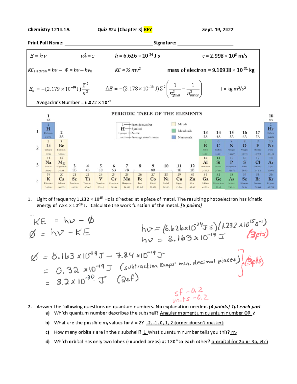 Quiz 2 Practice only Ch3 Sept 19-20 answer key - Chemistry 1210 Quiz ...