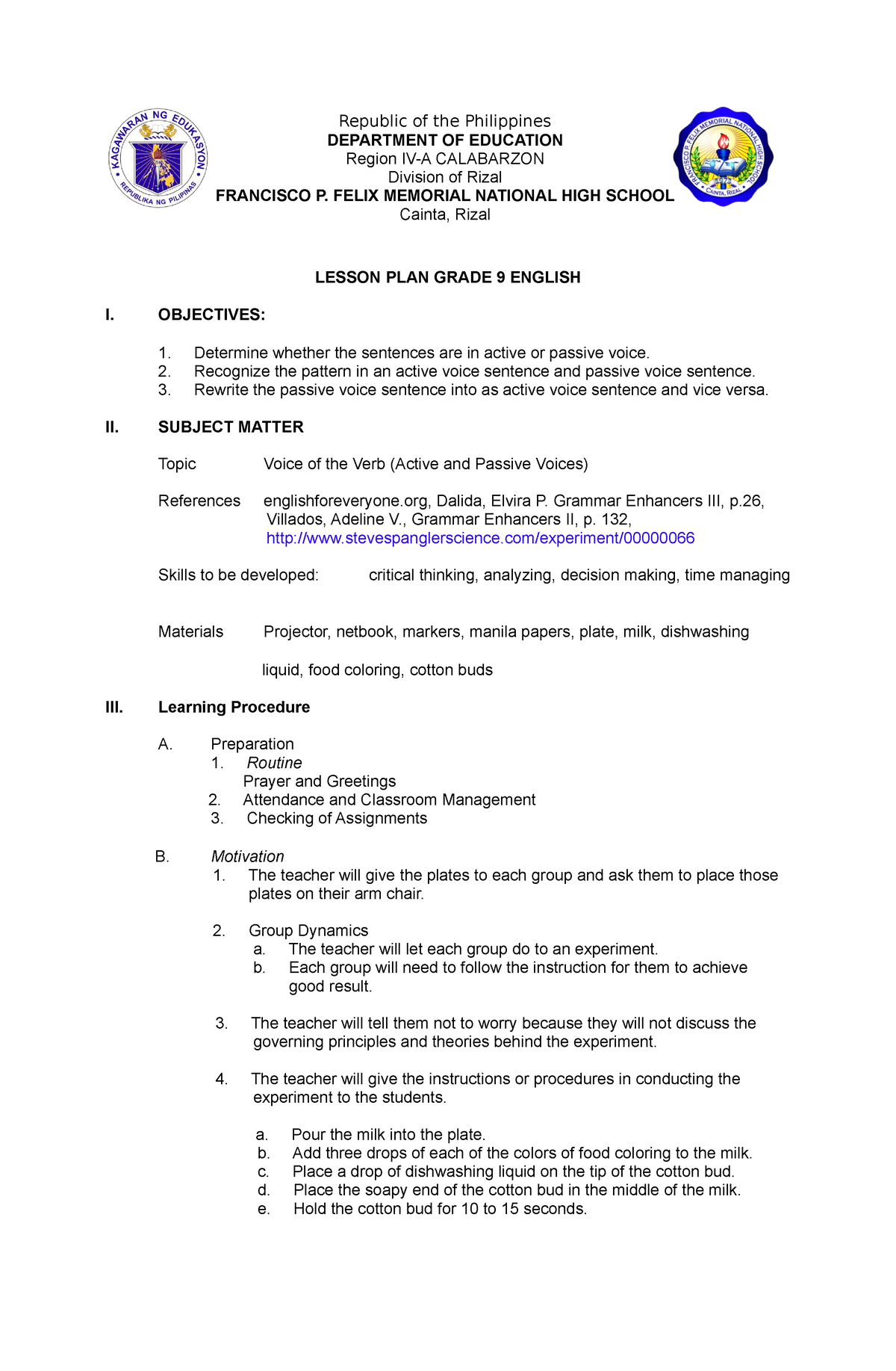 Lesson PLAN Grade 9 English Republic Of The Philippines DEPARTMENT OF 