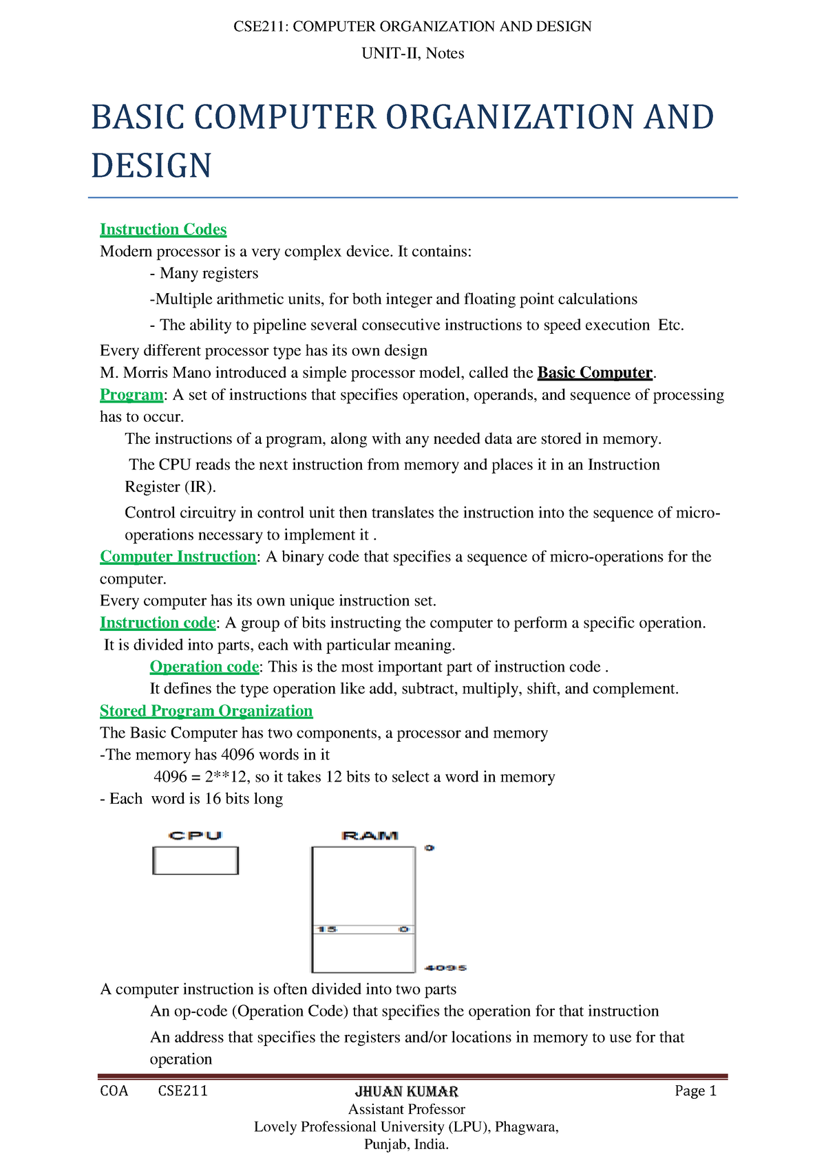 1. Computer Organization Complete Notes Unit2 - COA CSE211 Jhuan Kumar ...