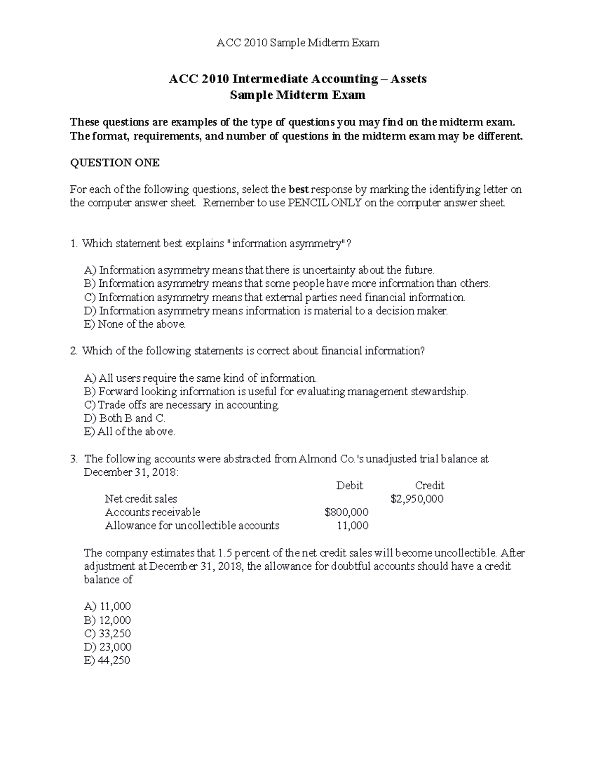 ACC2010 Sample Midterm Exam - ACC 2010 Intermediate Accounting – Assets ...