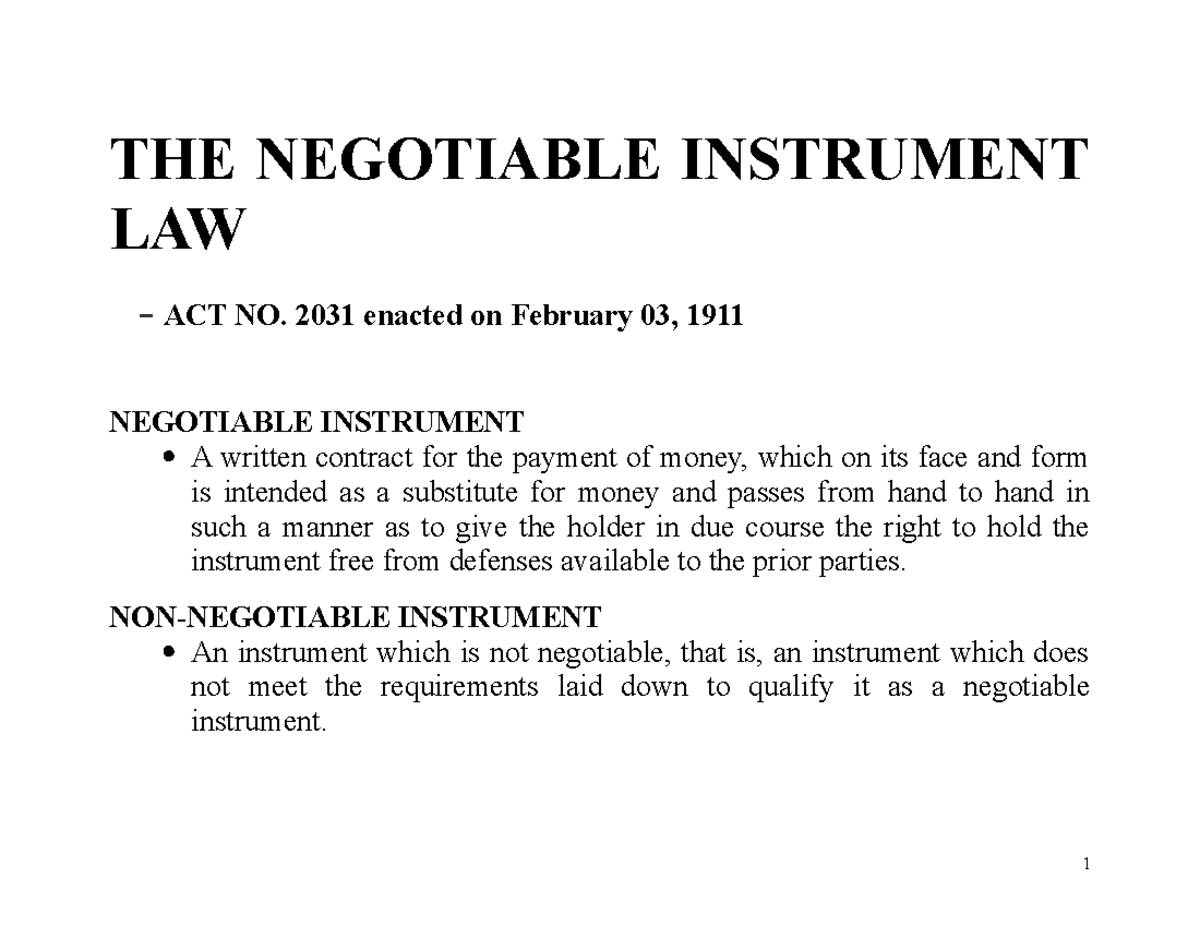 Business Law Class , Negotiable Instruments Topic - THE NEGOTIABLE ...