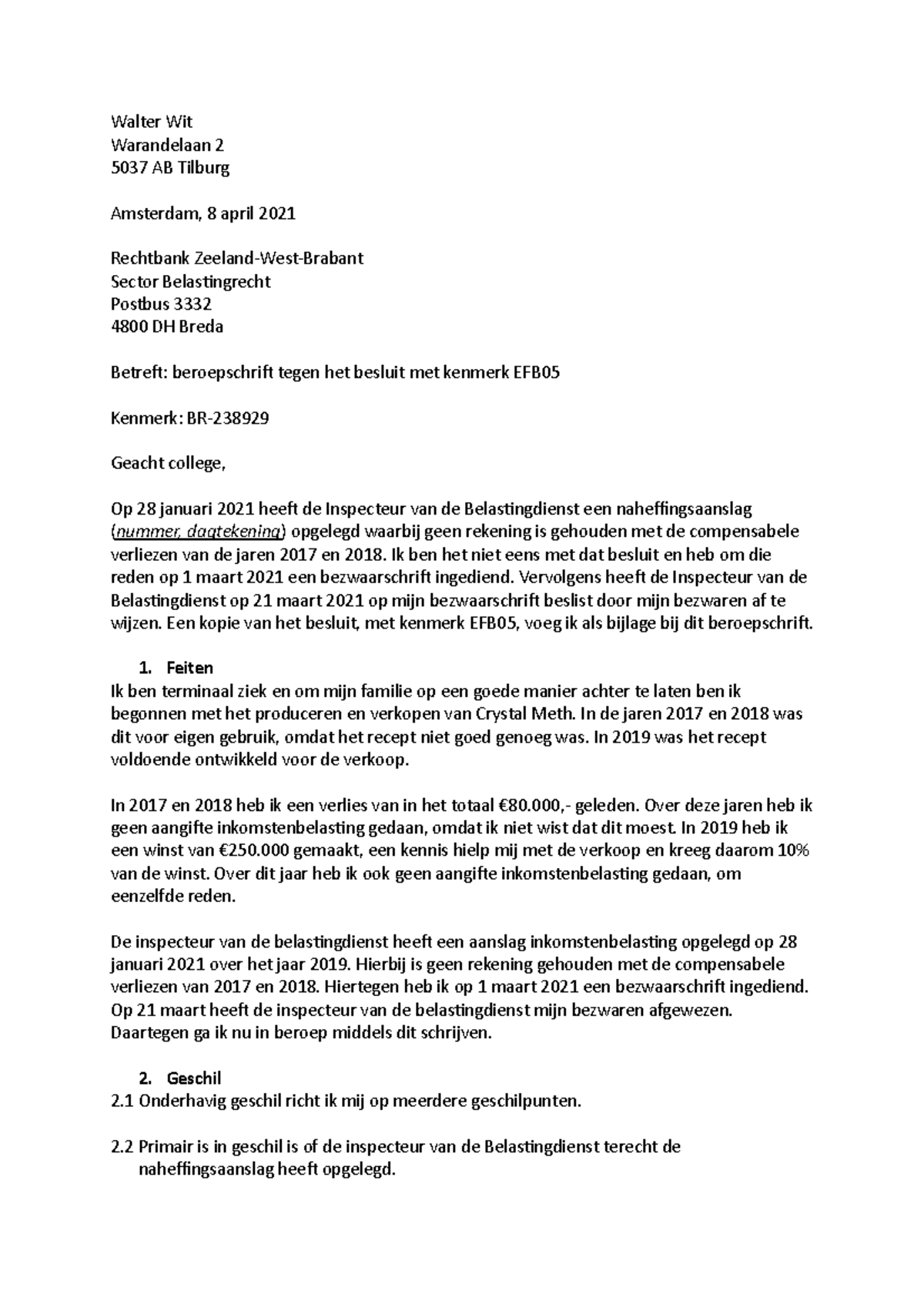 Beroepschrift Beroepsschrift Van De Oefenrechtbank Fiscaal Walter