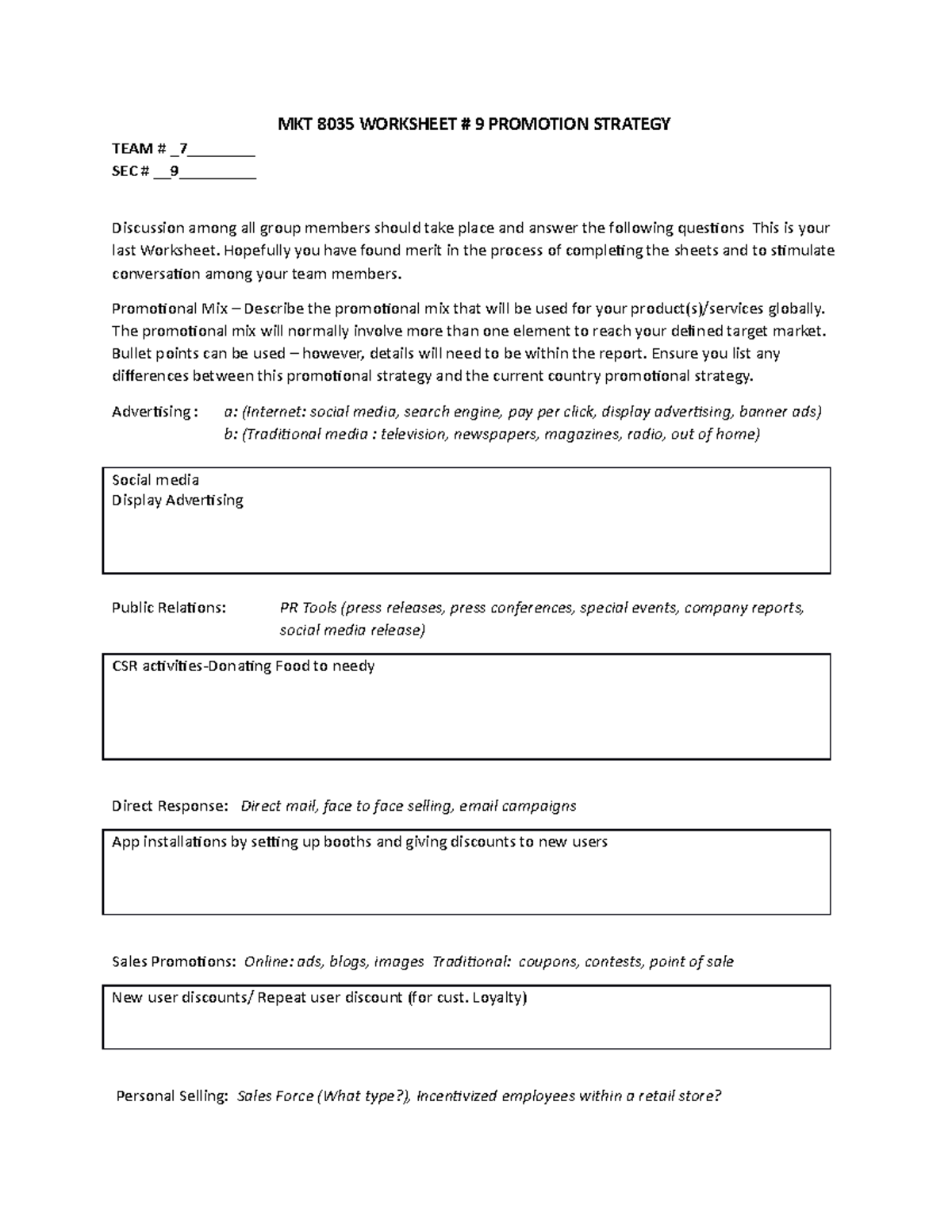 9- Promotion Strategy - worksheet 9 - MKT 8035 WORKSHEET # 9 PROMOTION ...