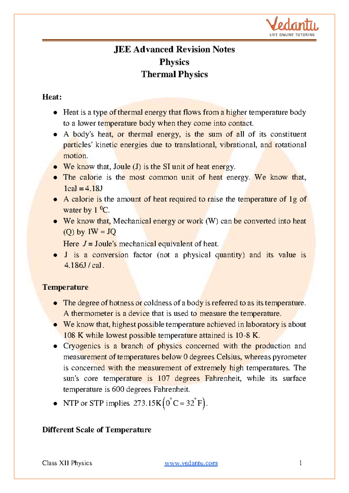 JEE Advanced 2023 Revision Notes for Thermal Physics - Free PDF ...