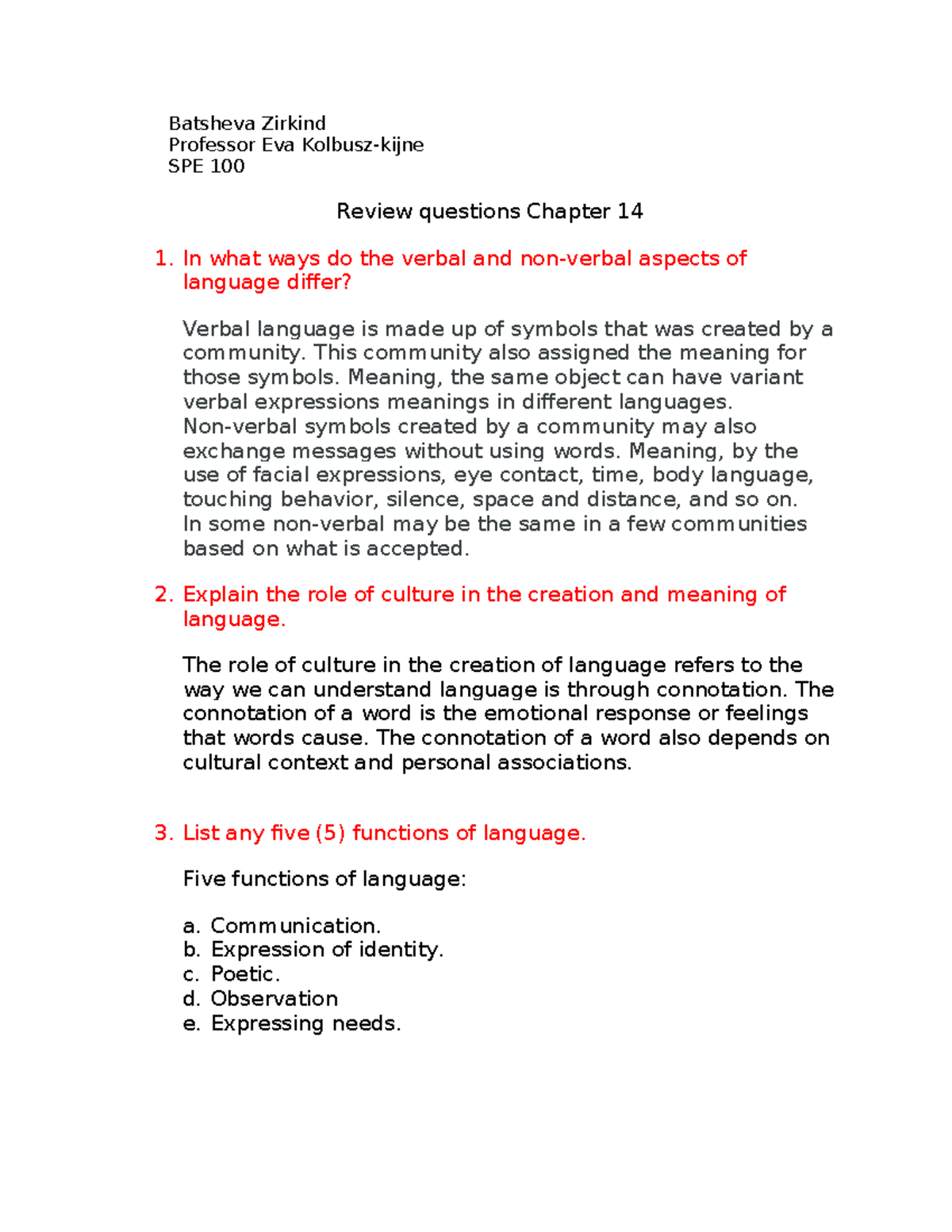 SPE 100 Review questions Chapter 14 - Batsheva Zirkind Professor Eva ...