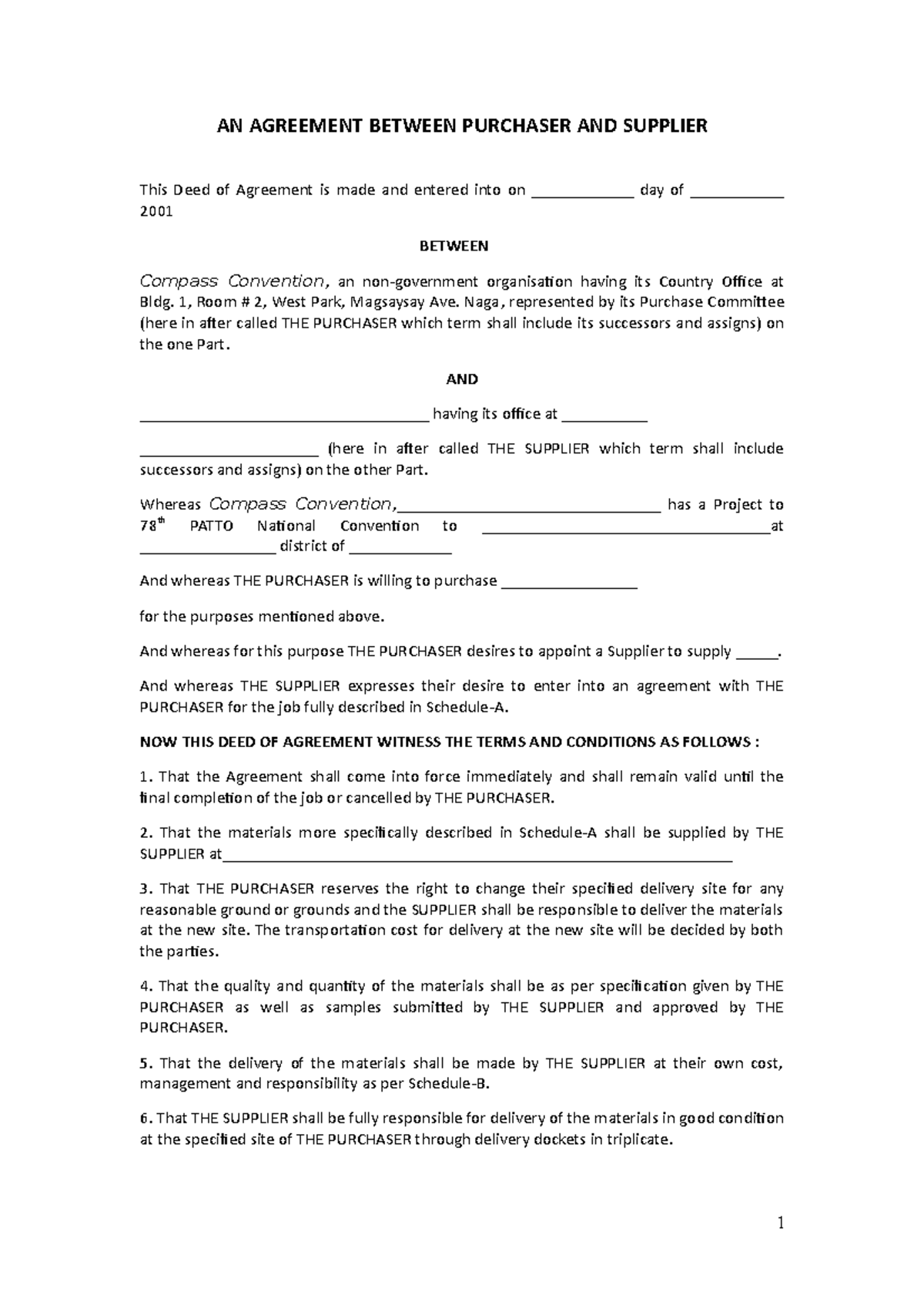 383826884-Supplier-Contract - AN AGREEMENT BETWEEN PURCHASER AND ...