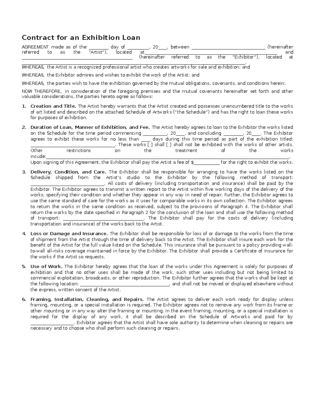 Form 10 - Contract for an Exhibition Loan Template from the Business ...