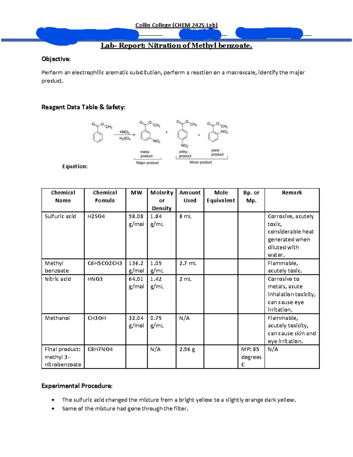 Lab Report Nitration of methyl benzoate Name Gabriela Bernales