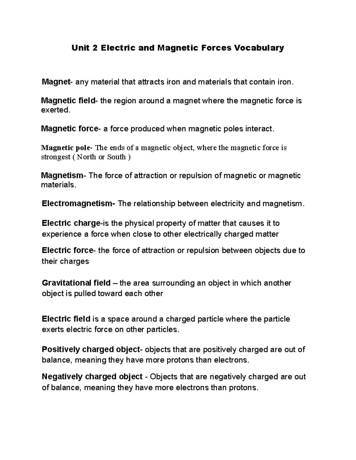 Chapter 3 Electric and Forces Vocabulary New Unit 2 Electric