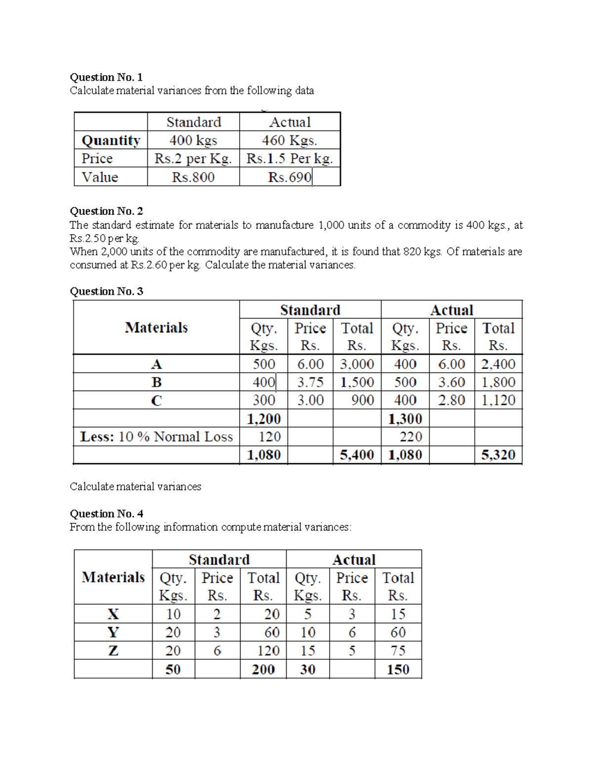 Variance practice for finance students Question No. 1 Calculate