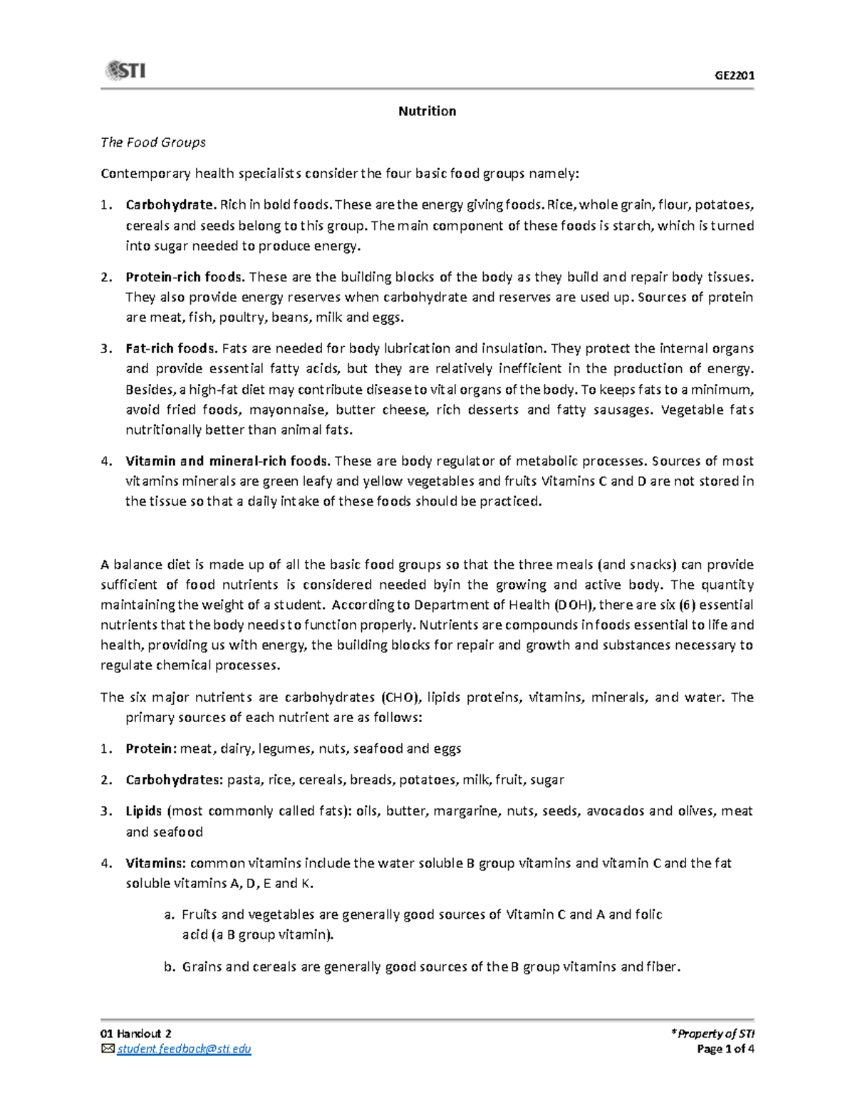 Nutrition and Food Groups - 01 Handout 2 *Property of STI Nutrition The ...