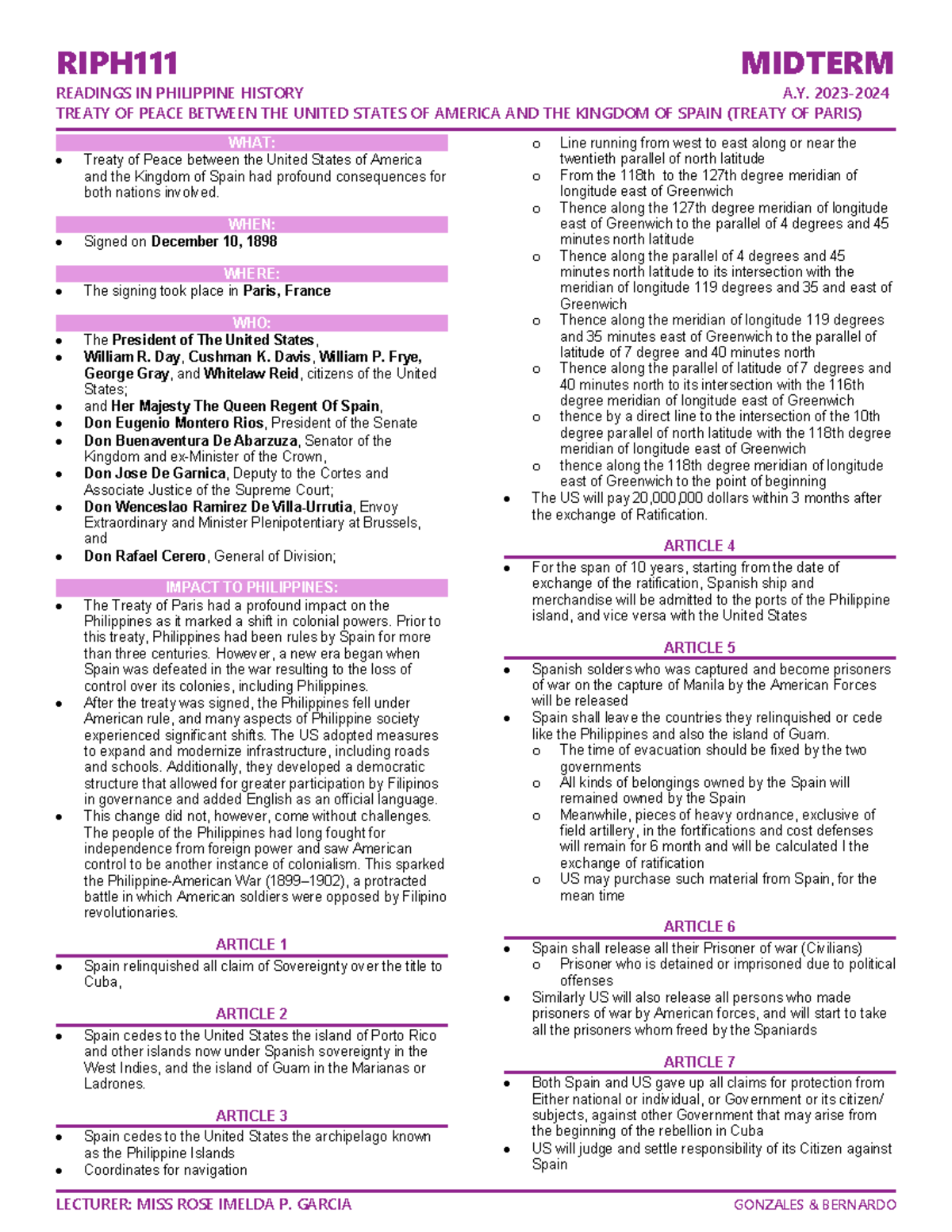 RIPH111 WEEK 7 - Treaty OF Paris - RIPH111 MIDTERM READINGS IN ...