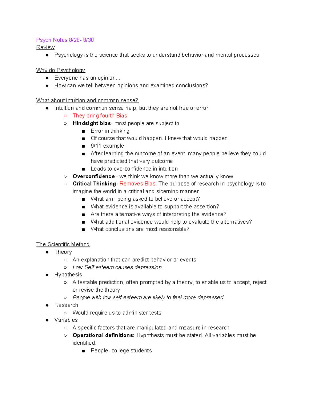 Psych Notes 8 28, 8 30 - Exam 1 - Psych Notes 8/28- 8/ Review ...