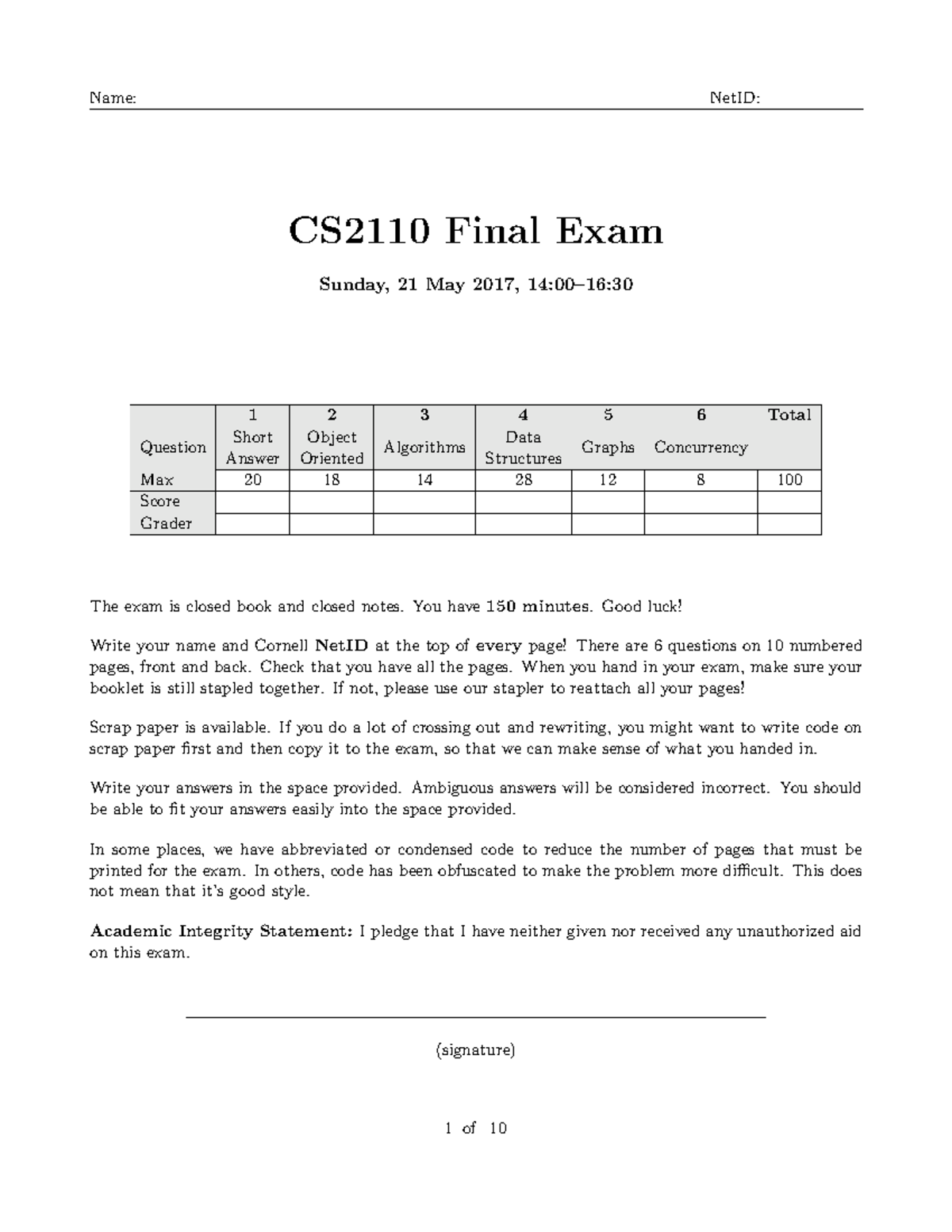 Finalcs 2110sp17 - Past Finals From CS 2110 Taught By Professor David ...