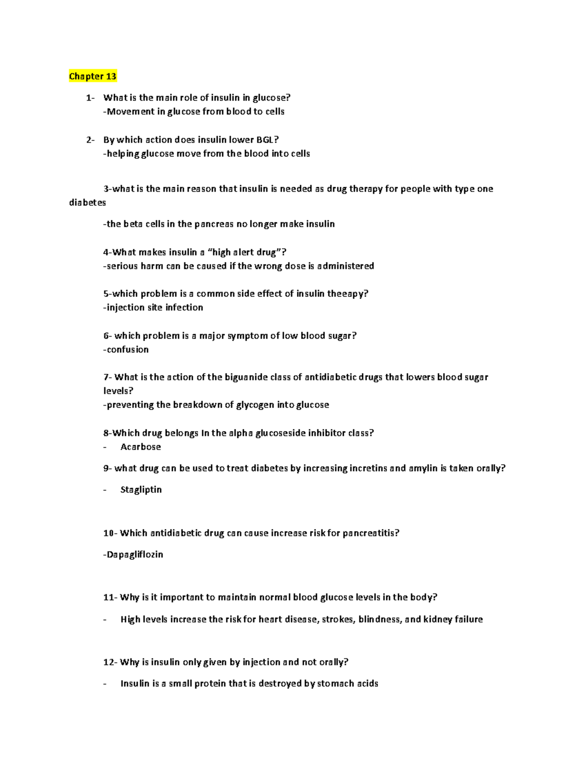 Chapter 13 - helpful - Chapter 13 1- What is the main role of insulin ...