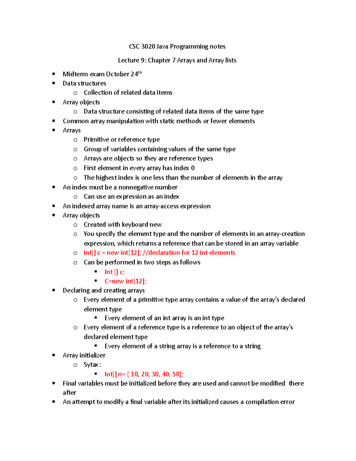 Lecture 9 - CSC 3020 Java Programming notes Lecture 9: Chapter 7 Arrays ...