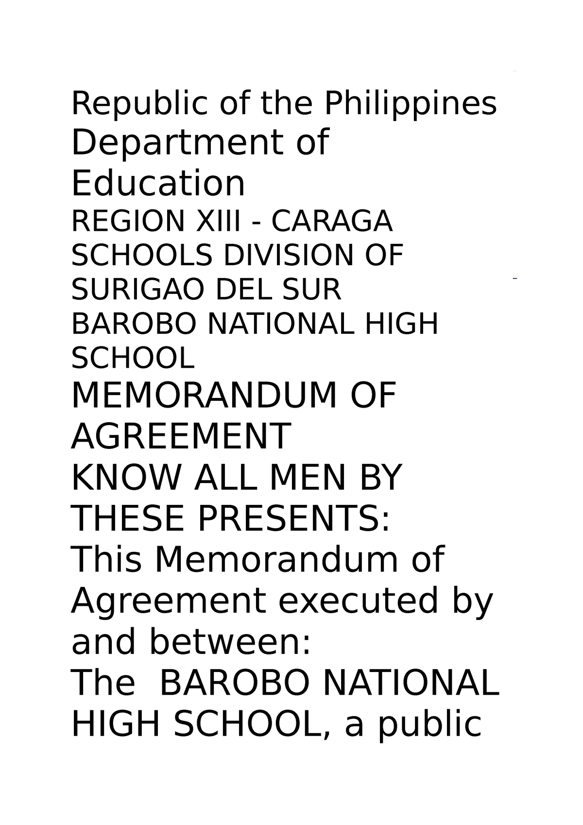 Sample Mou A Memorandum Of Understanding For Brigada Eskwela