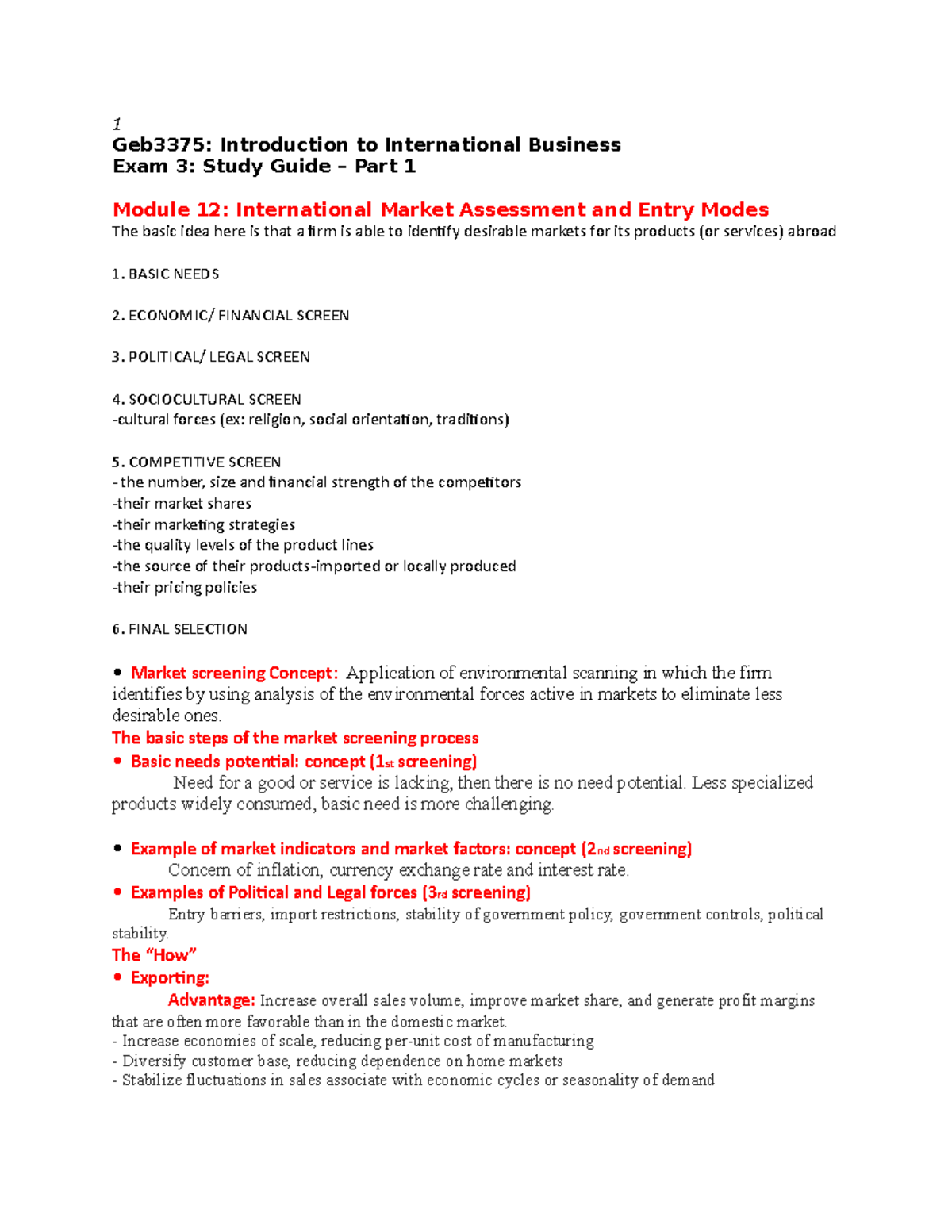 Geb 3375 exam 3 - 1 Geb3375: Introduction to International Business ...