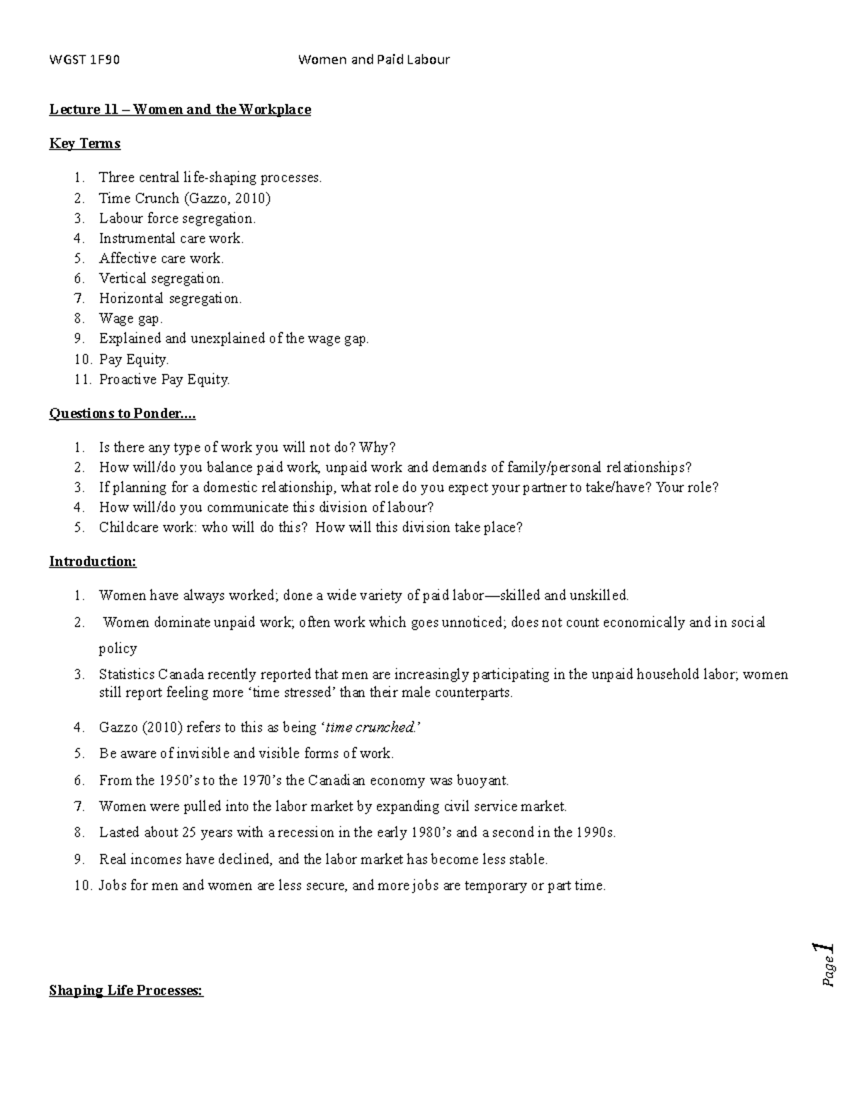 WGST+1F90+Lecture+11 - WGST 1F90 Women and Paid Labour Lecture 11 ...