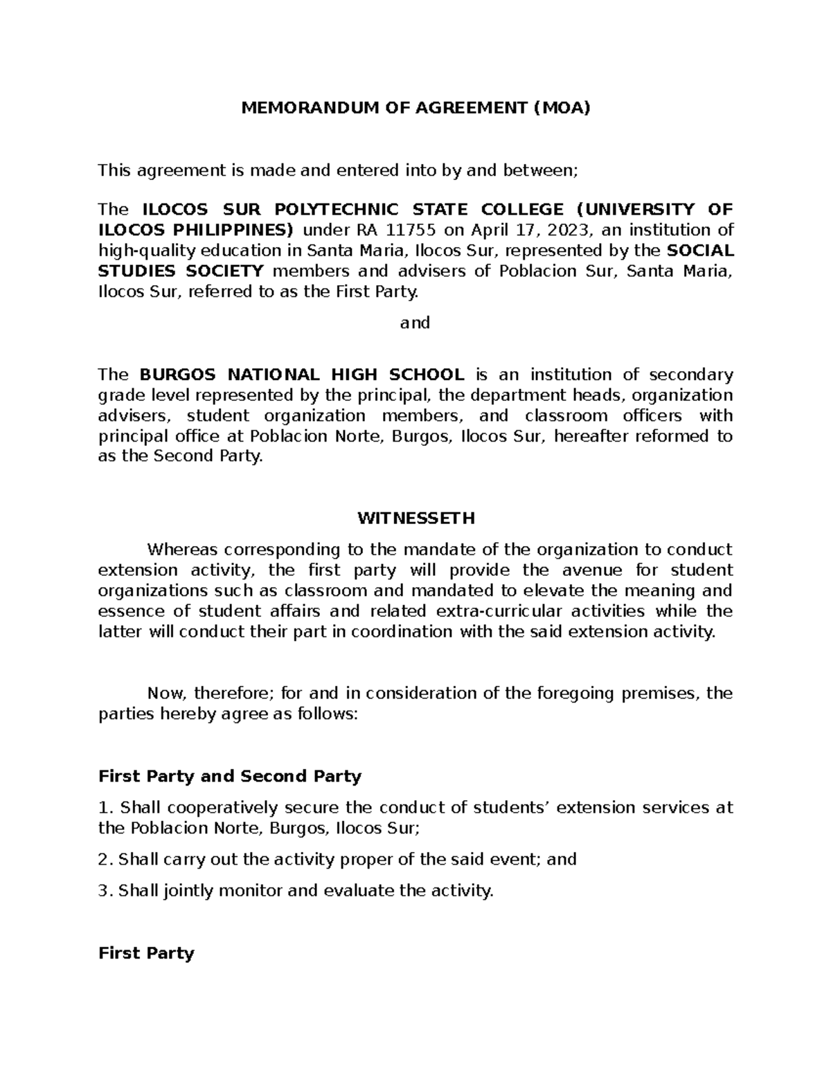 Memorandum-OF- Agreement- MEMORANDUM OF AGREEMENT (MOA) This agreement ...