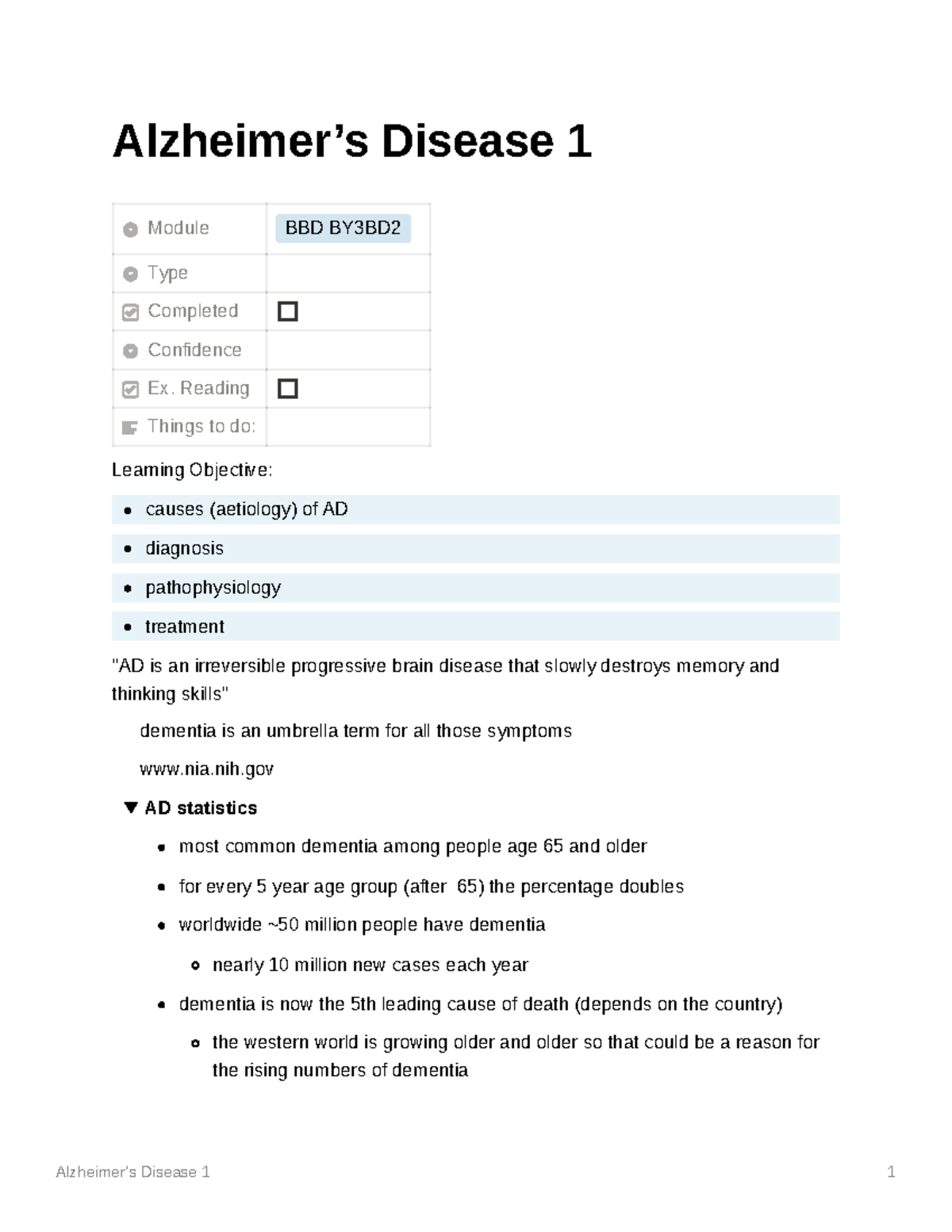 Alzheimers Disease Part 1 - Alzheimer’s Disease 1 Module BBD BY3BD Type ...