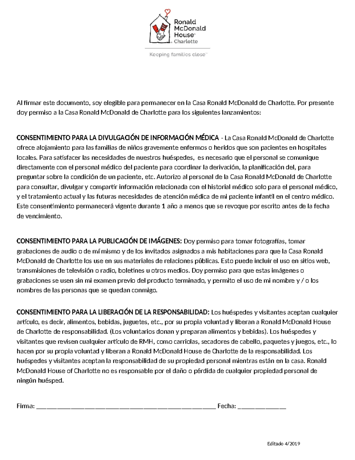 RMH of Charlotte Release Forms 4-2019 Spanish - Al firmar este ...