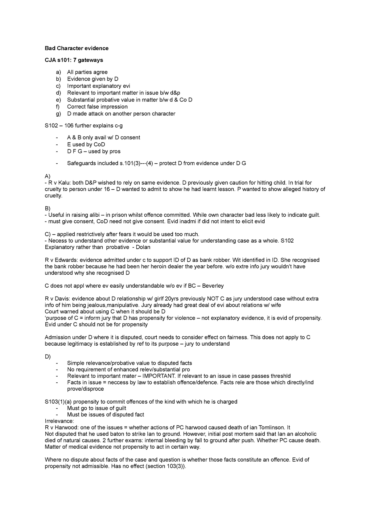 Summary Evidence Bad Character Bad Character Evidence CJA S101 7 