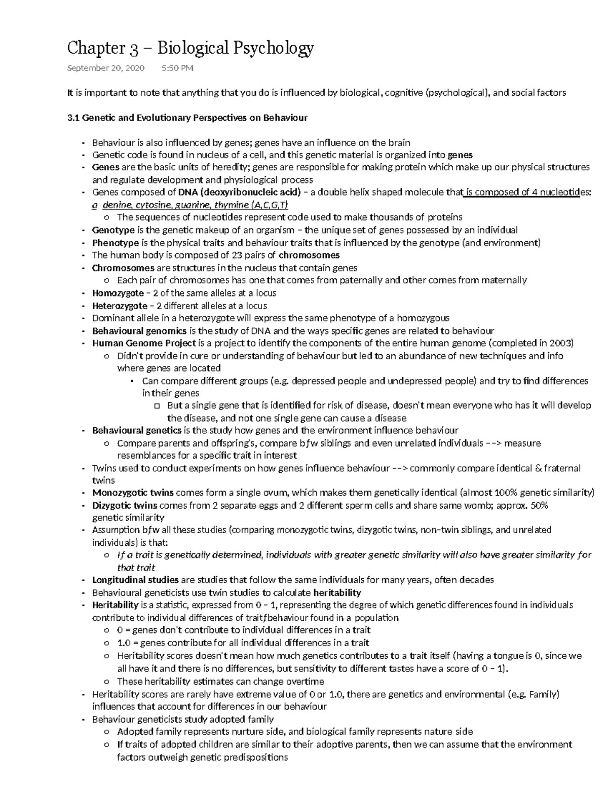 Chapter 3 Copy - Notes - Chapter 3 − Biological Psychology September 20 ...