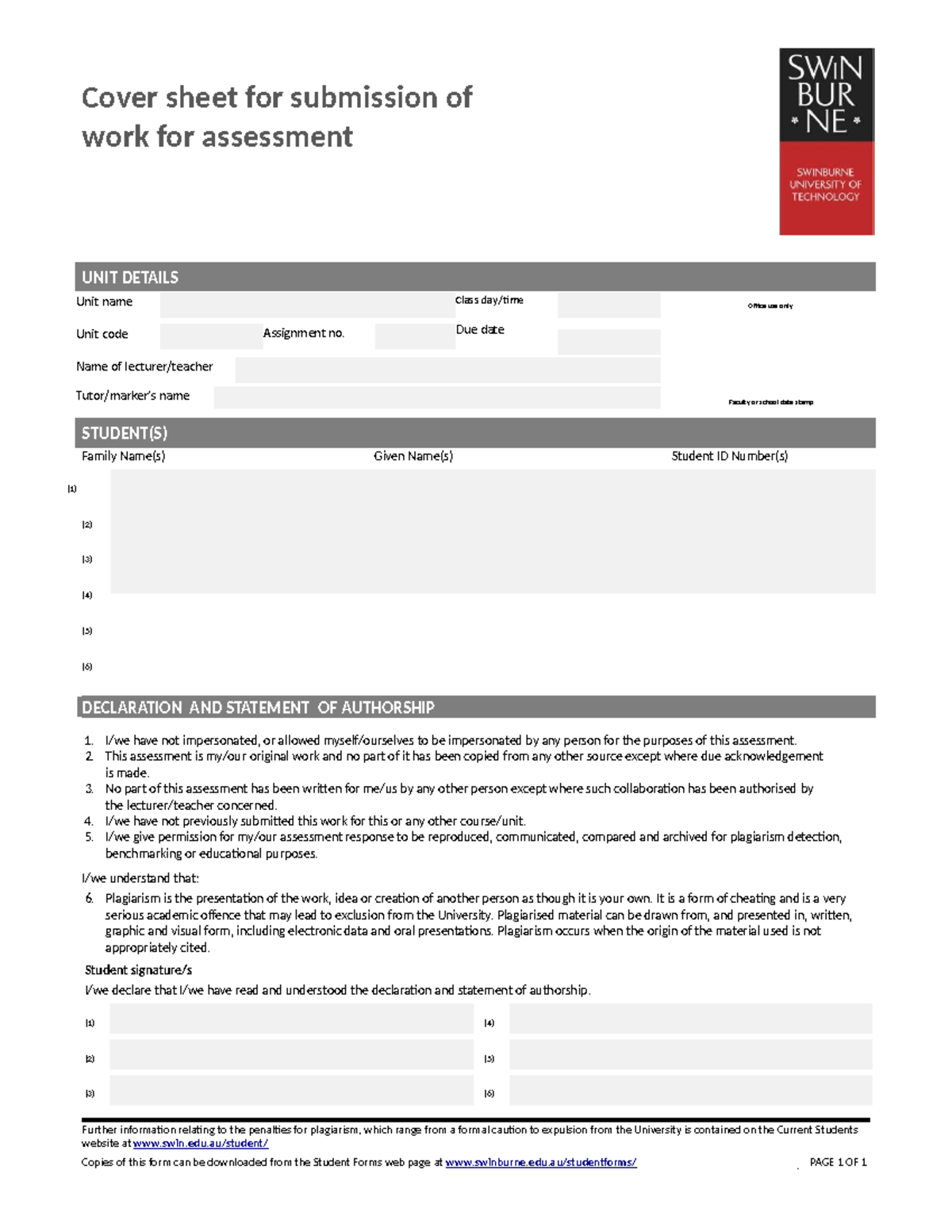 SUT Cover PAGE - study - Cover sheet for submission of work for ...