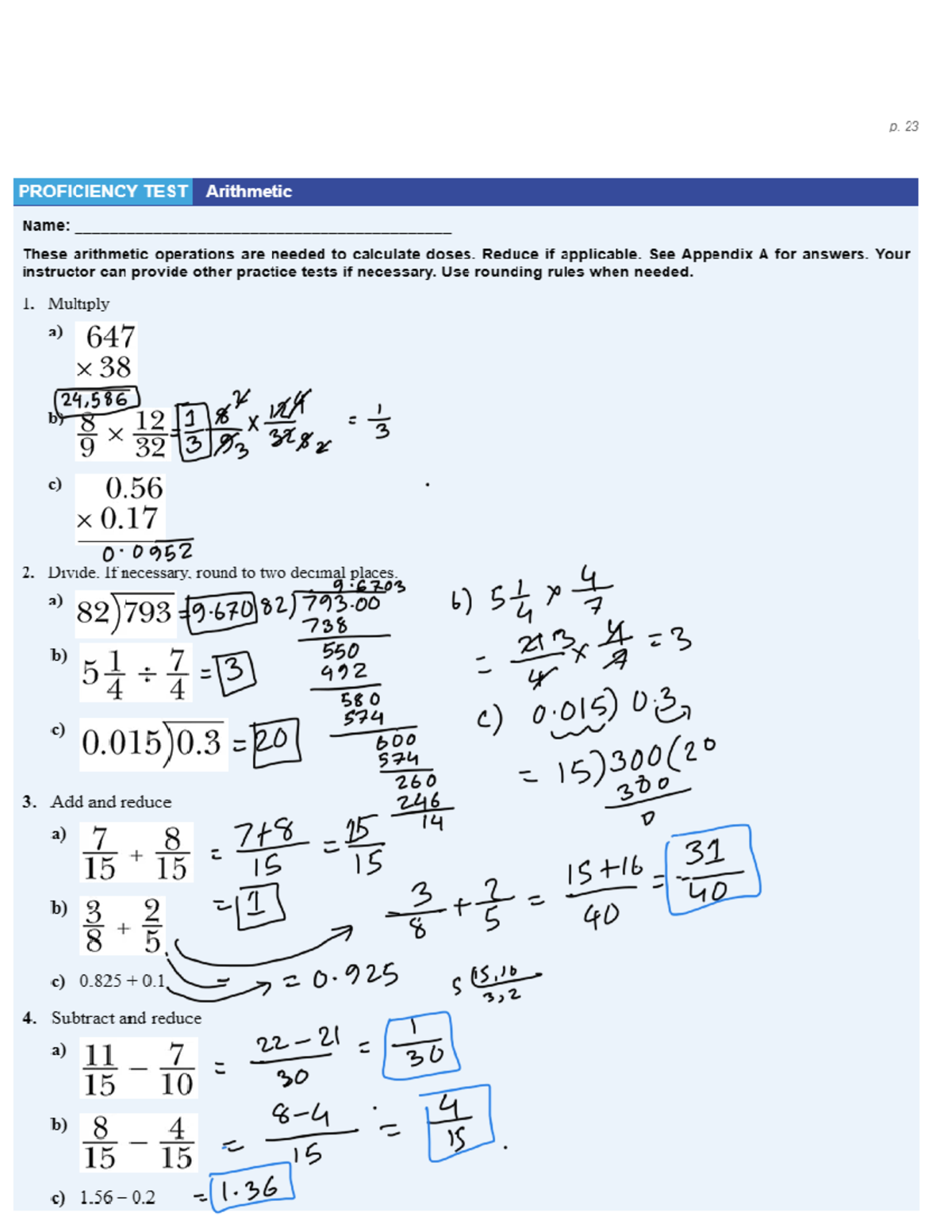 HW 1 Med math Homework p. 23 PROFICIENCY TEST Arithmetic Name