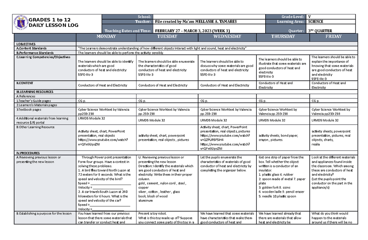 DLL Science 5 Q3 W3 - GRADES 1 to 12 DAILY LESSON LOG School: Grade ...