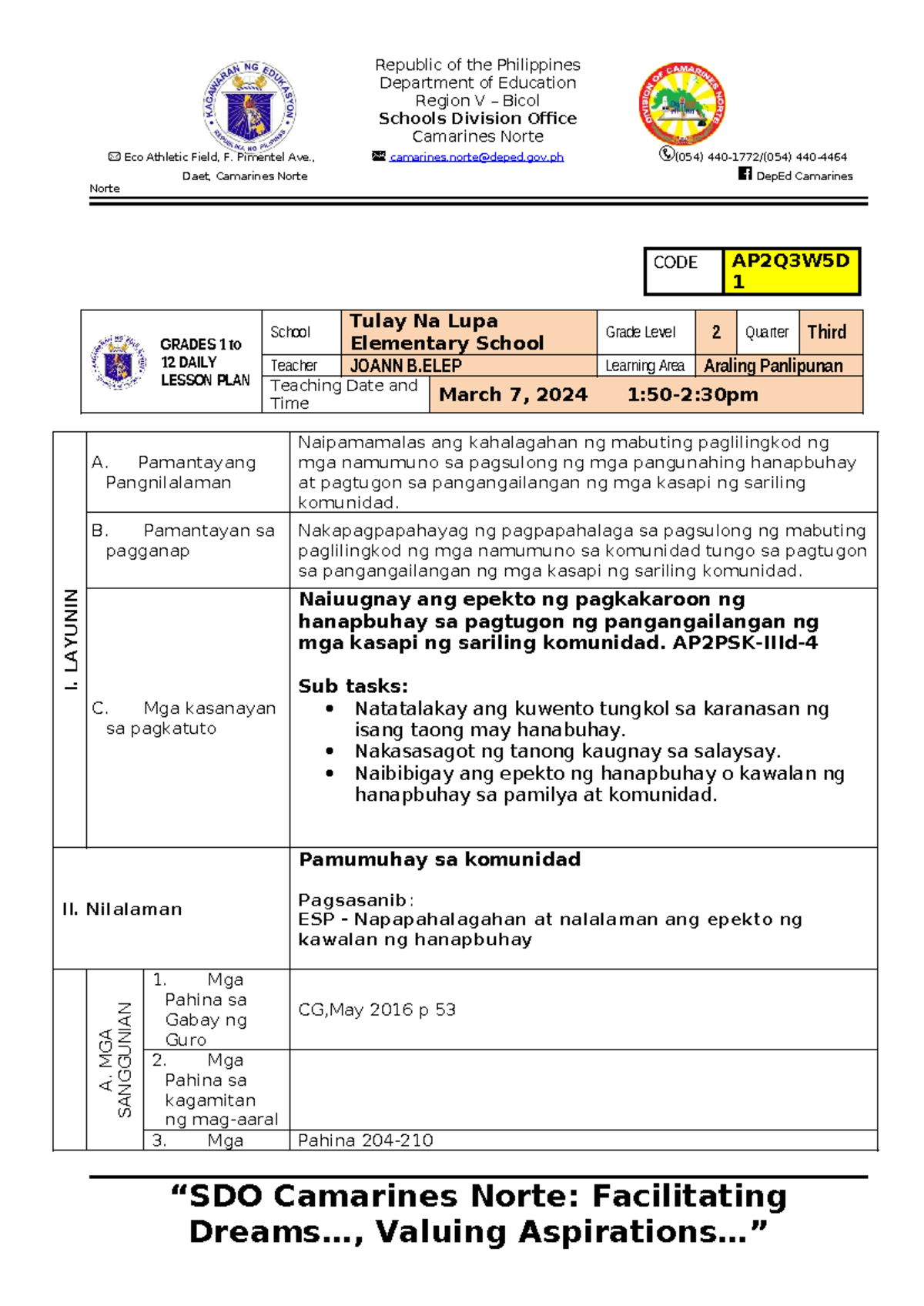 AP day 3 - detailed lesson plan - Department of Education Region V ...