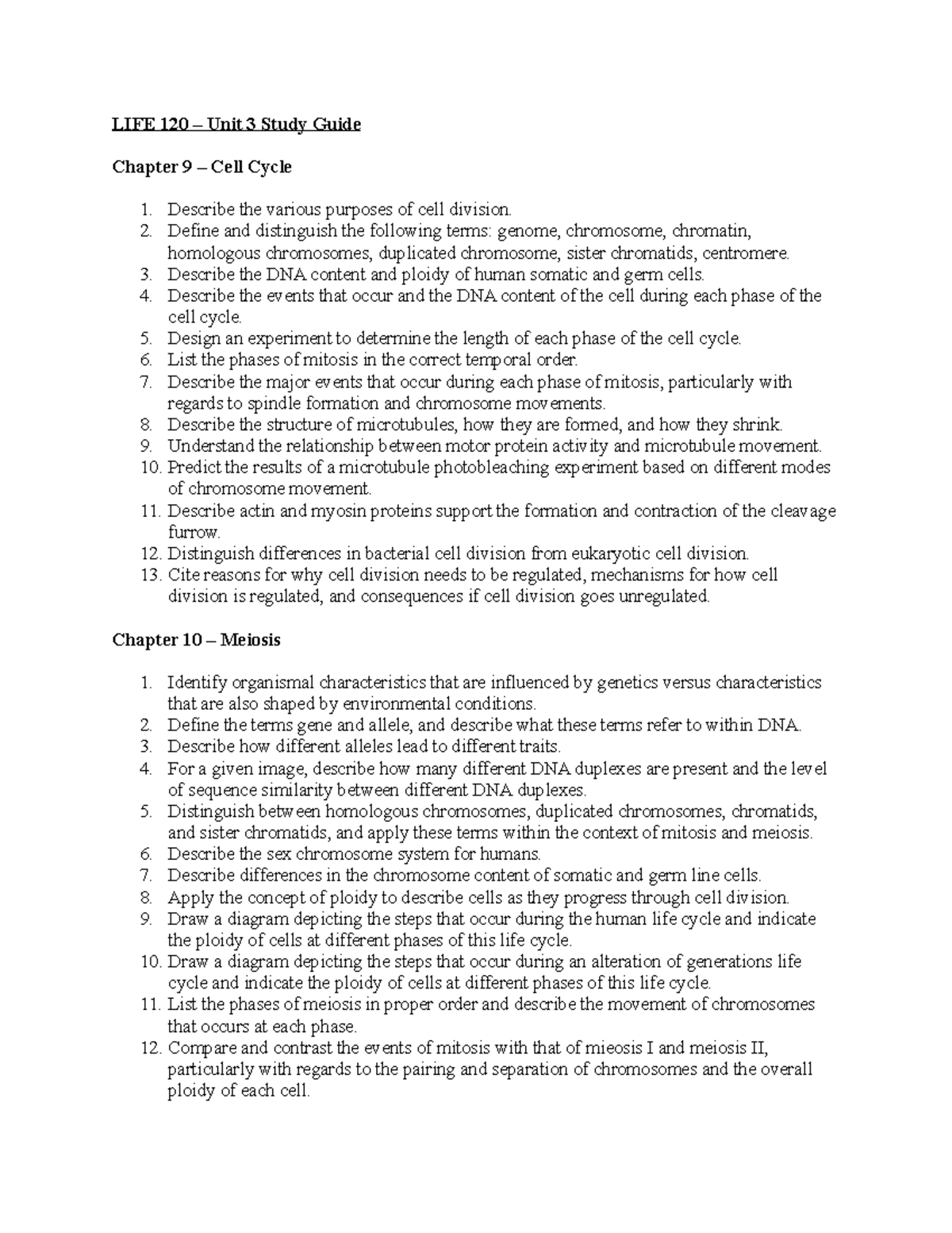 Unit 3 Study Guide LIFE 120 Unit 3 Study Guide Chapter 9 Cell