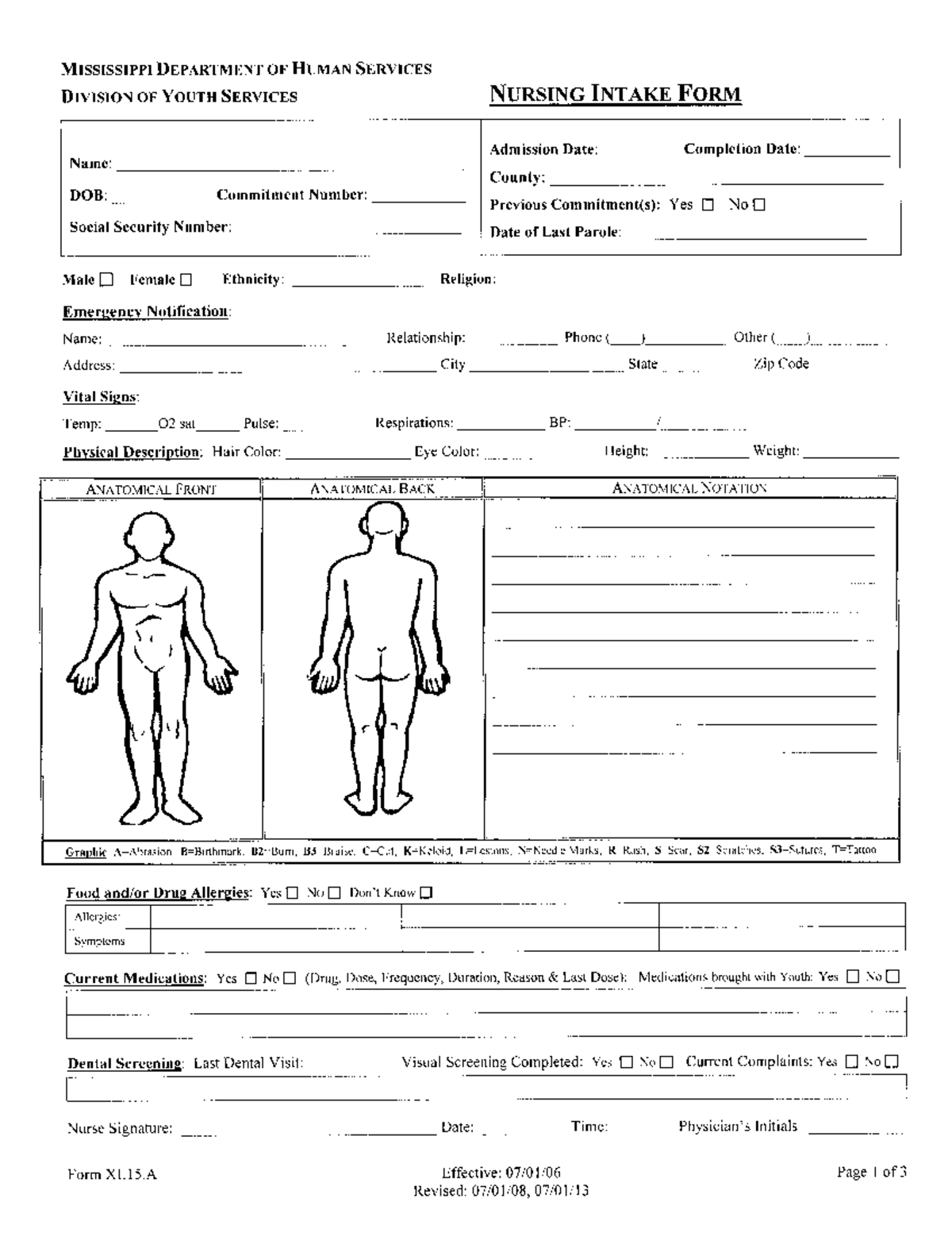 Xi15a Nursing Intake Assessment Form - Division Of Youth Services 