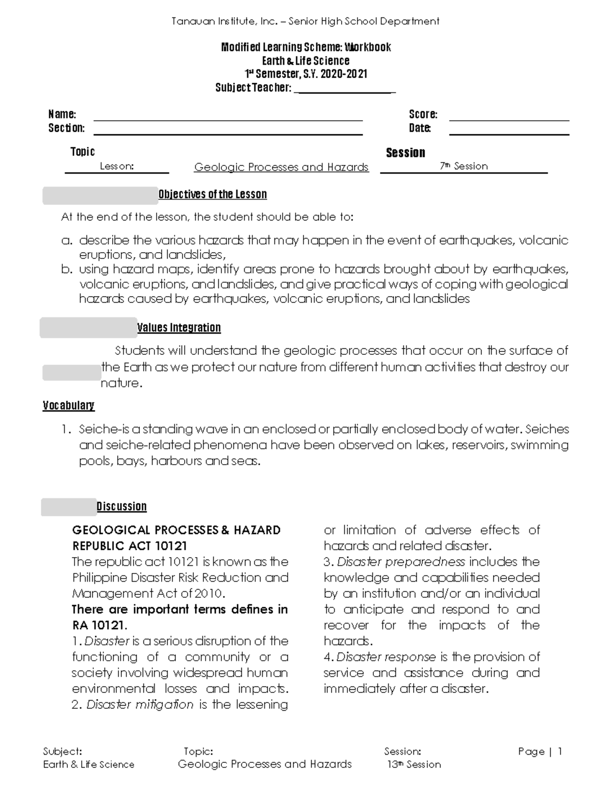 7th Session - Subject: Topic: Session: Page | 1 Modified Learning ...