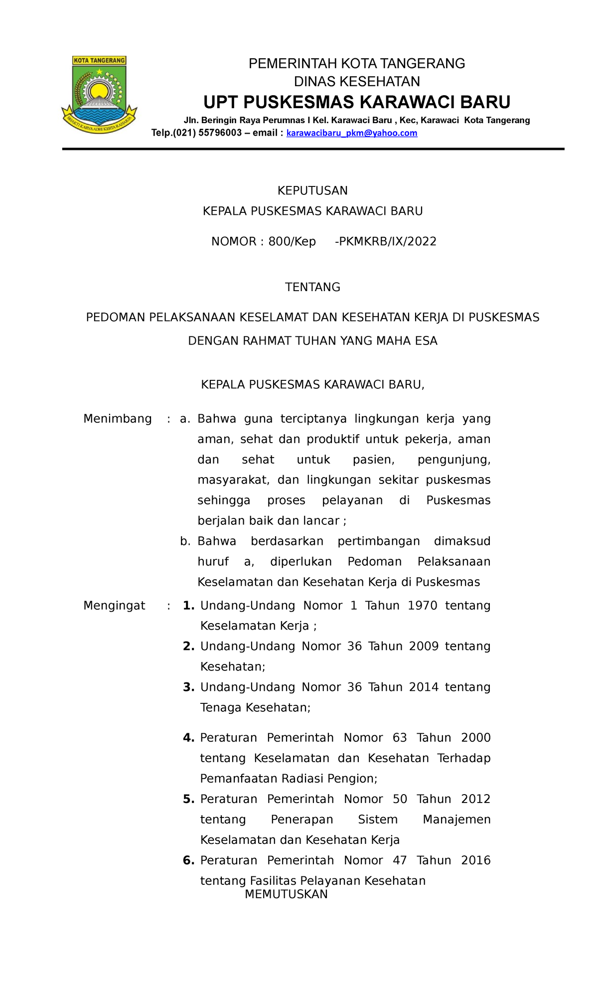 Sk Pedoman K3 Pemerintah Kota Tangerang Dinas Kesehatan Upt Puskesmas Karawaci Baru Jln 2121