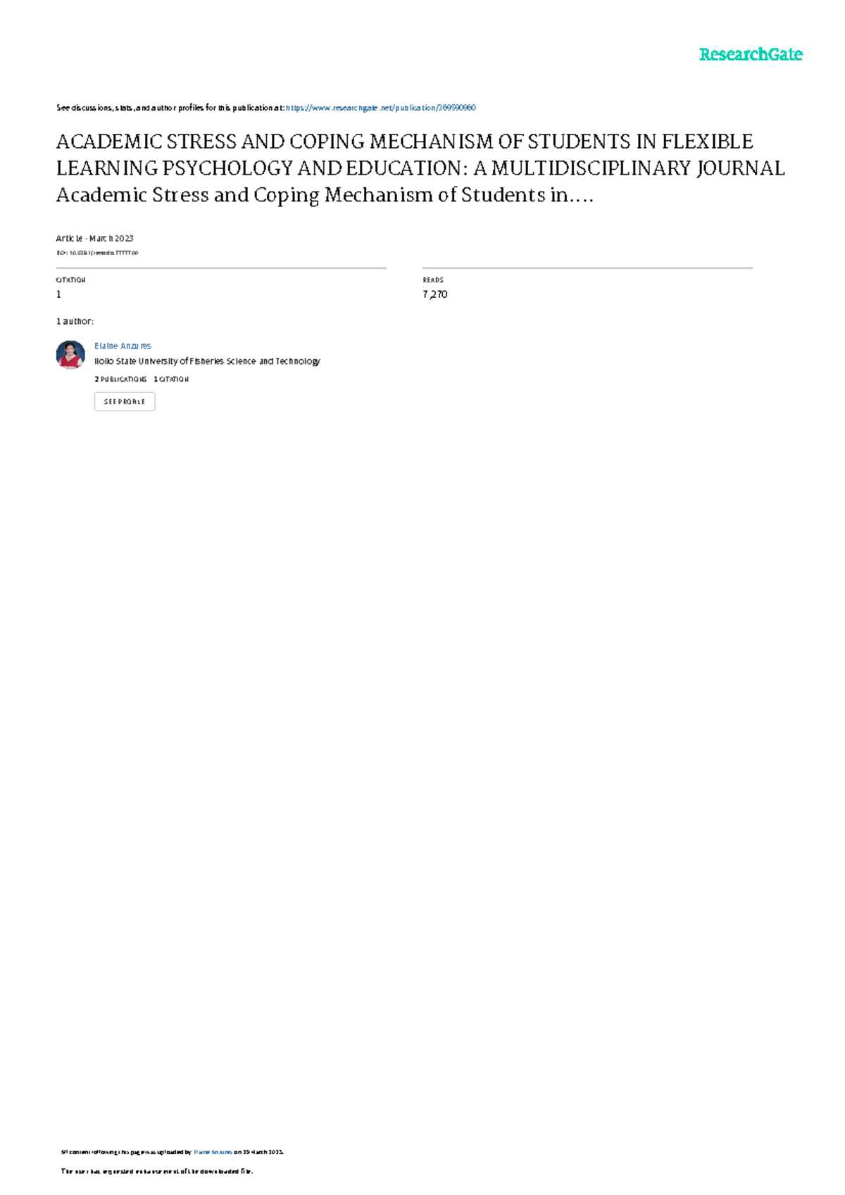 Academic stress and coping mechanism of students in flexible learning