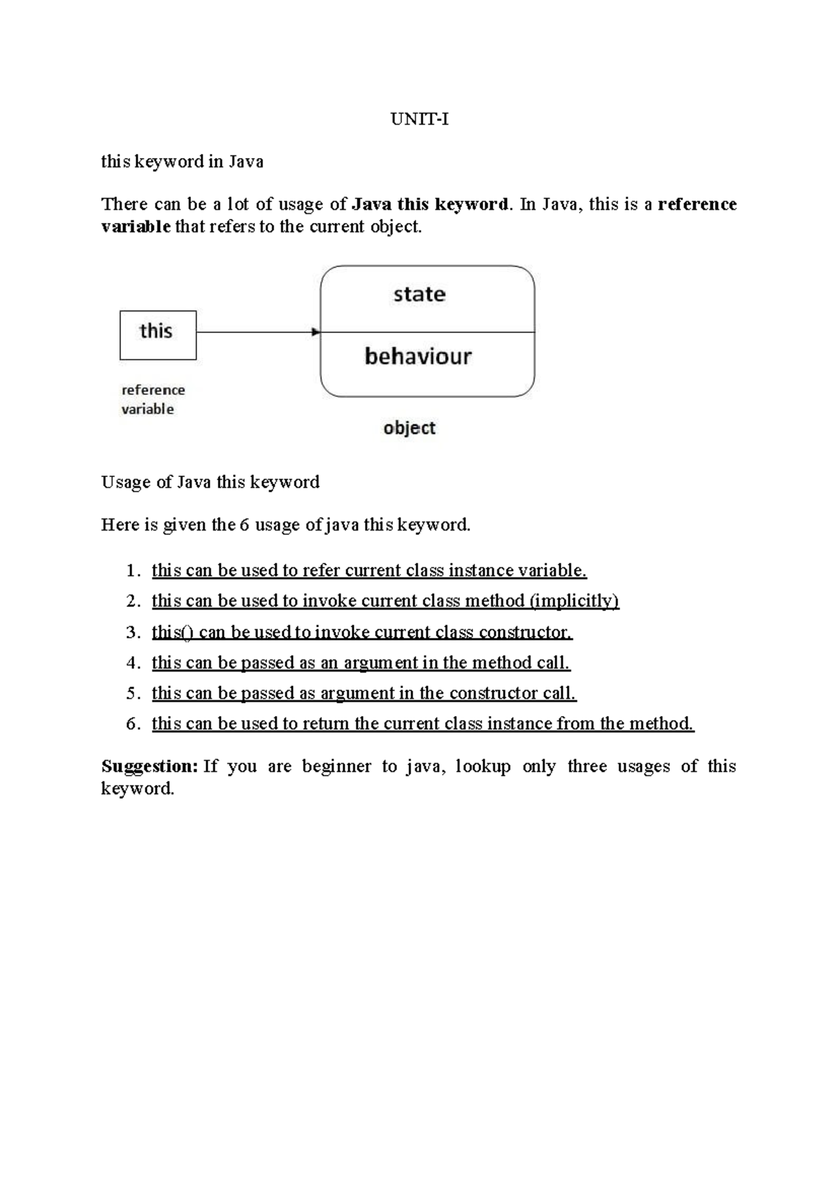 OOPUNIT2 UNITI this keyword in Java There can be a lot of usage of