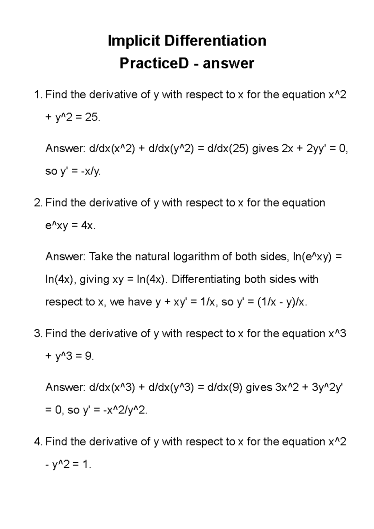 Implicit Differentiation Practice D - Answer - Implicit Differentiation ...