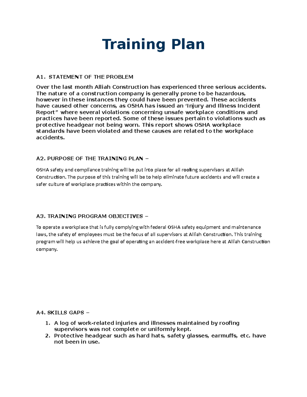 Training Plan - Partial Task 1 - Training Plan A1. STATEMENT OF THE ...