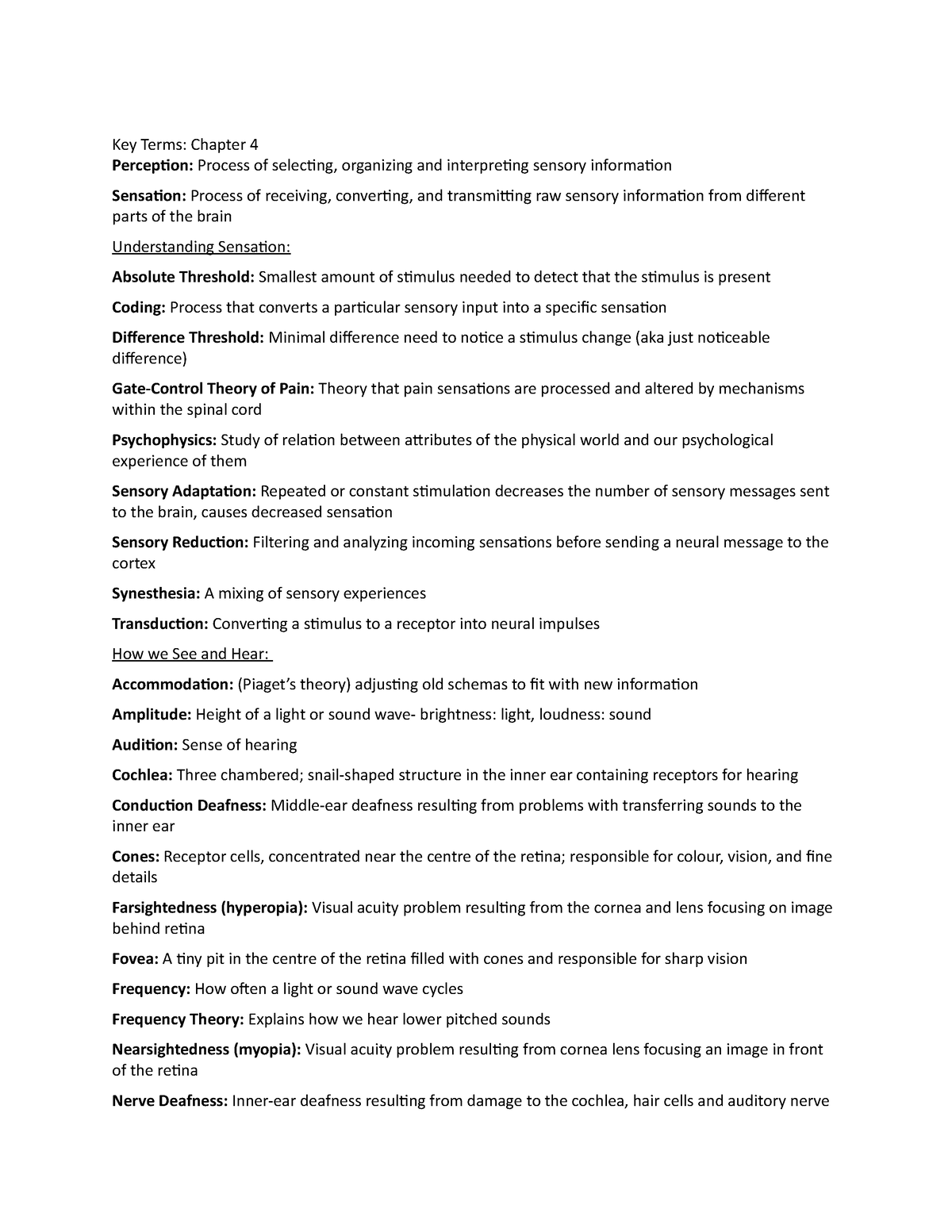 Chapter 4 Key Terms- Sensation and Perception - Key Terms: Chapter 4 ...