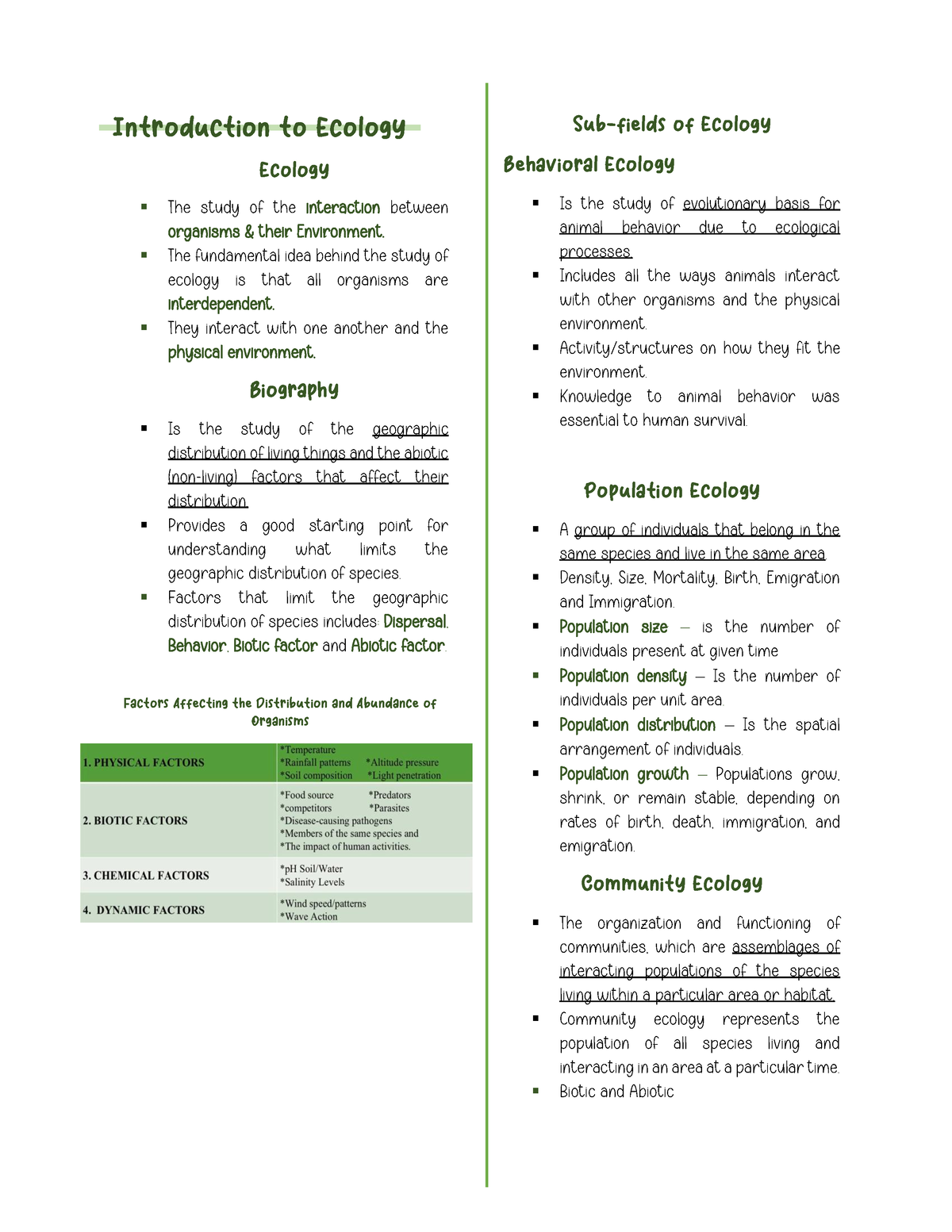 Intro To Ecology Notes - Introduction To Ecology Ecology The Study Of ...